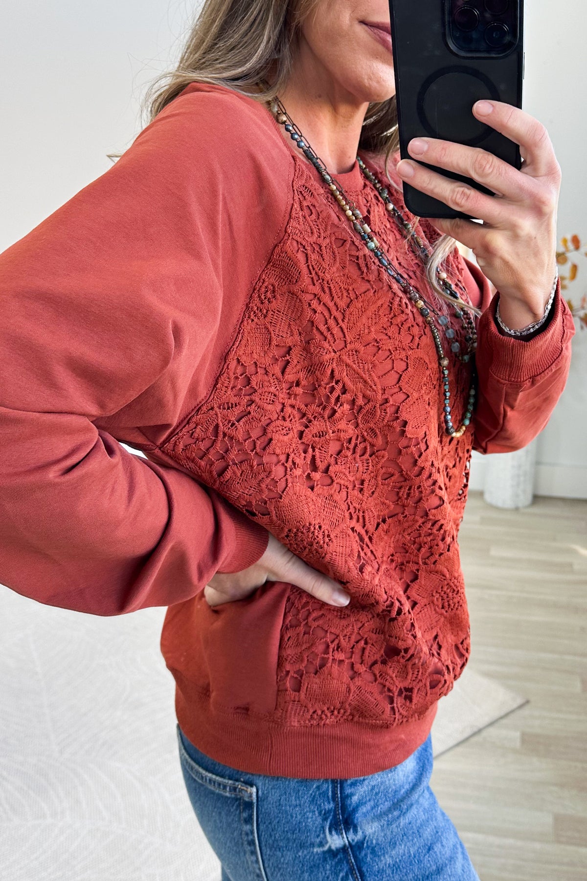 Rust French Terry Flower Patch Pullover Top