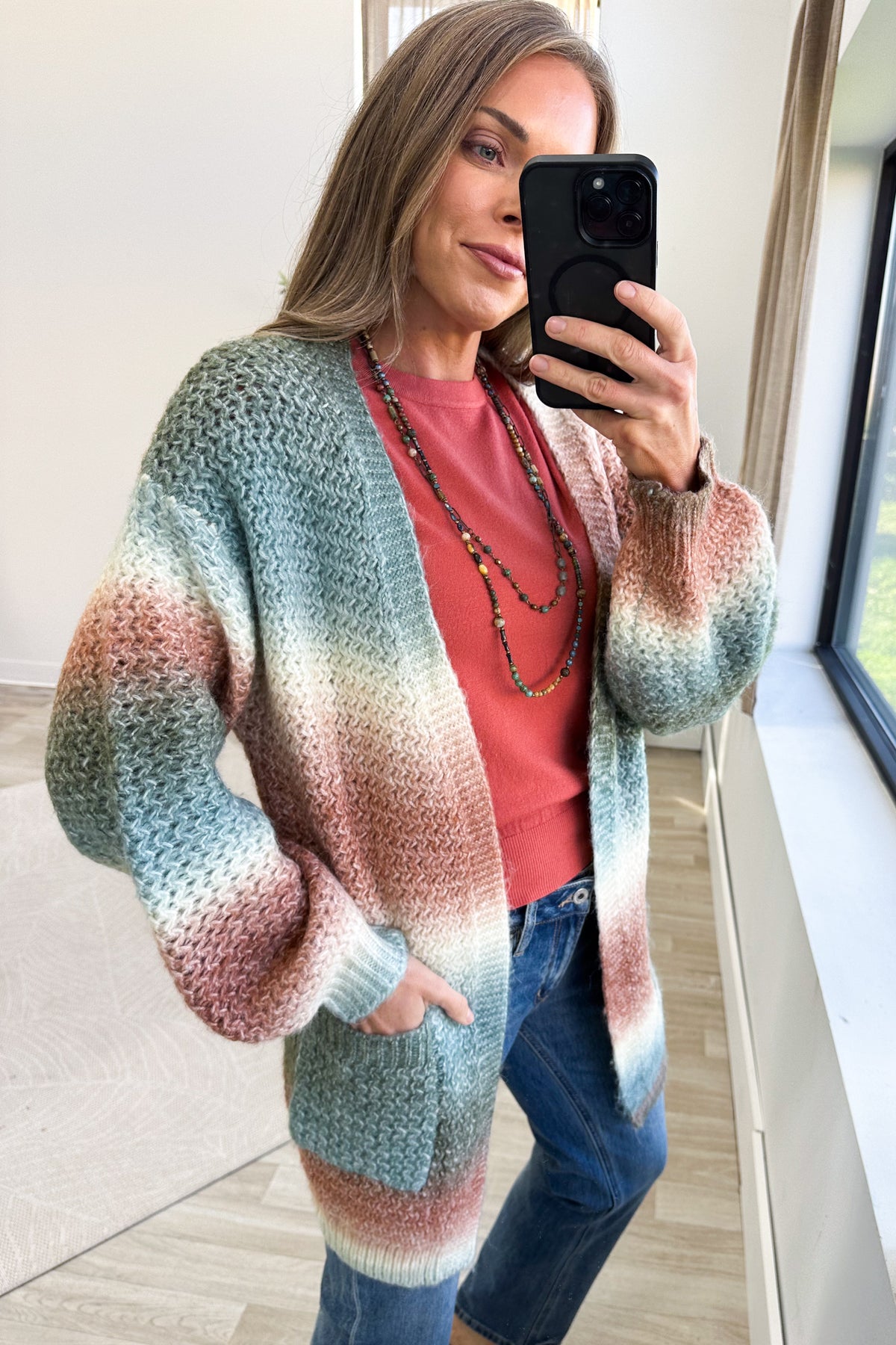 Rust Ombre Open Front Cardigan With Pockets