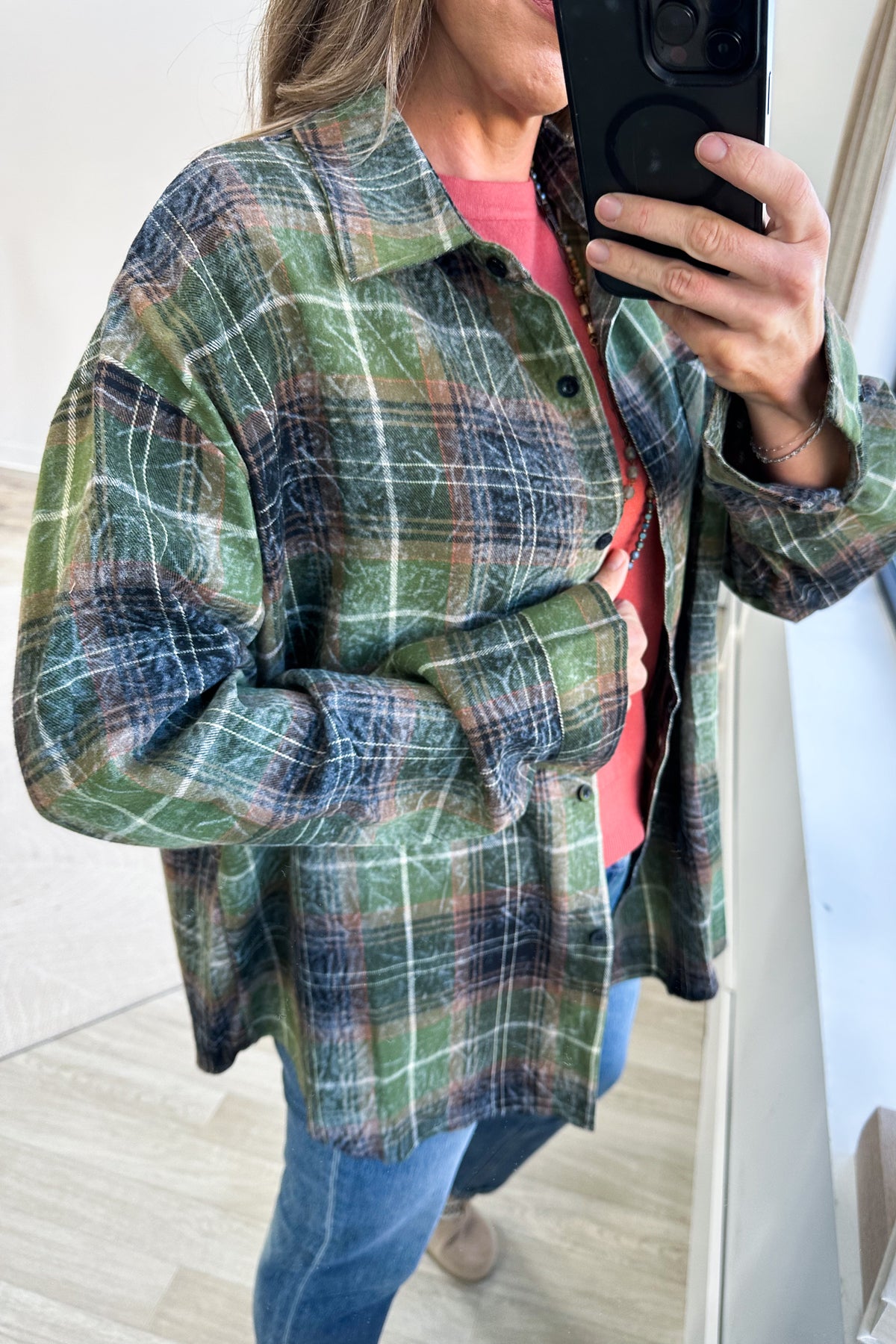 Plaid Mineral Wash Long Sleeves Button Down Top