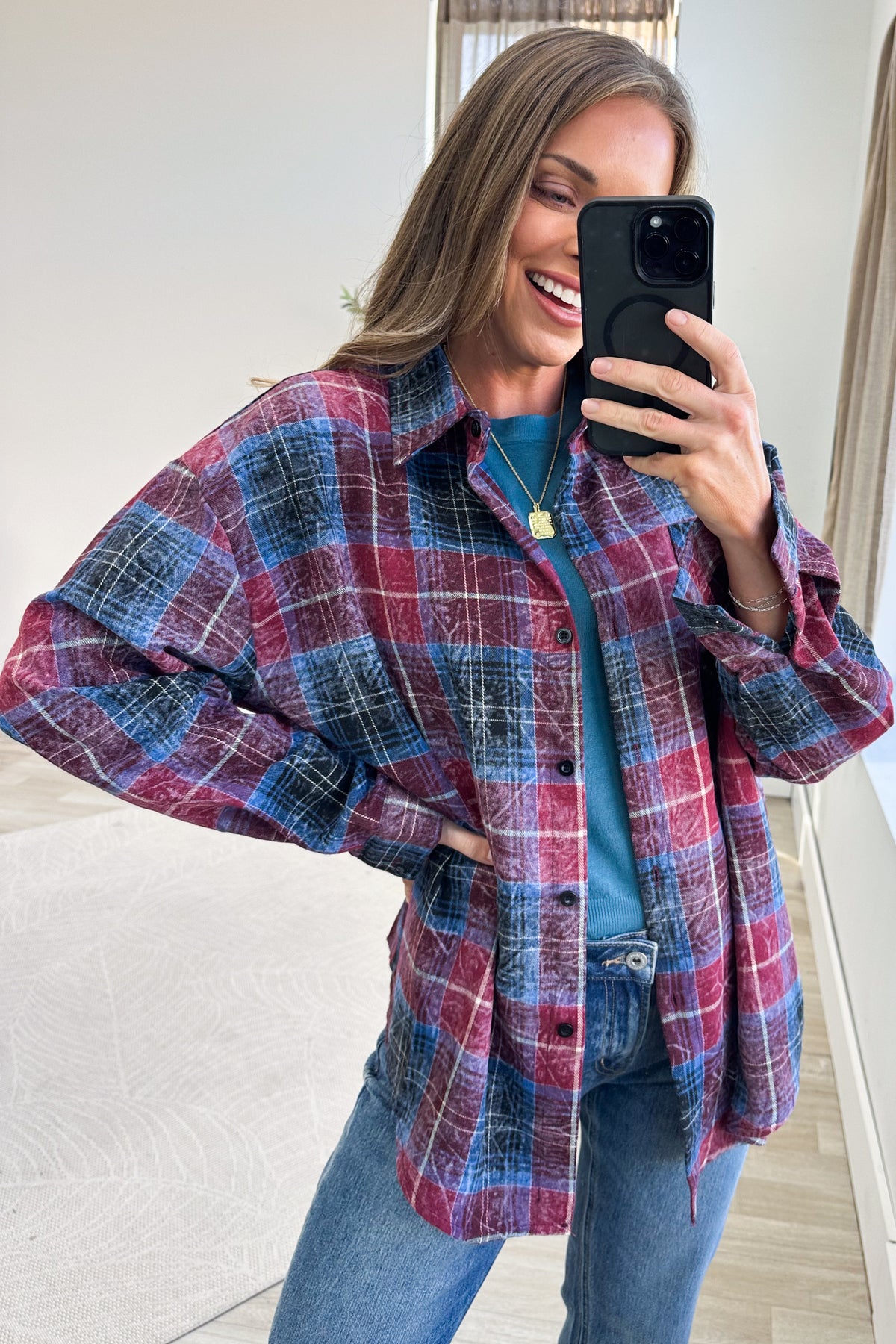 Plaid Mineral Wash Long Sleeves Button Down Top
