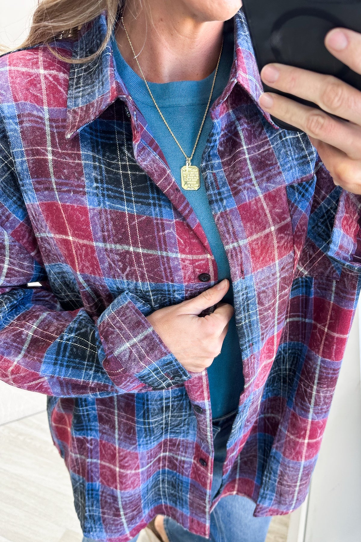 Plaid Mineral Wash Long Sleeves Button Down Top