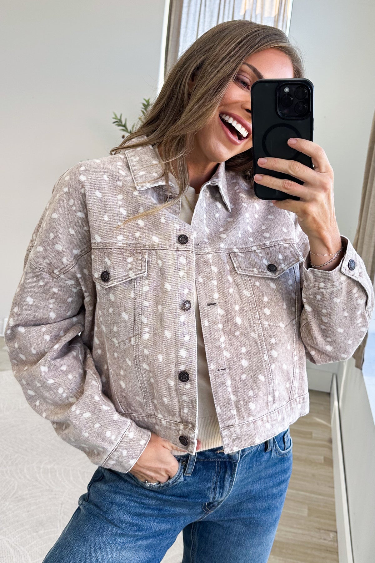 Mocha Washed Fawn Print High Low Denim Jacket