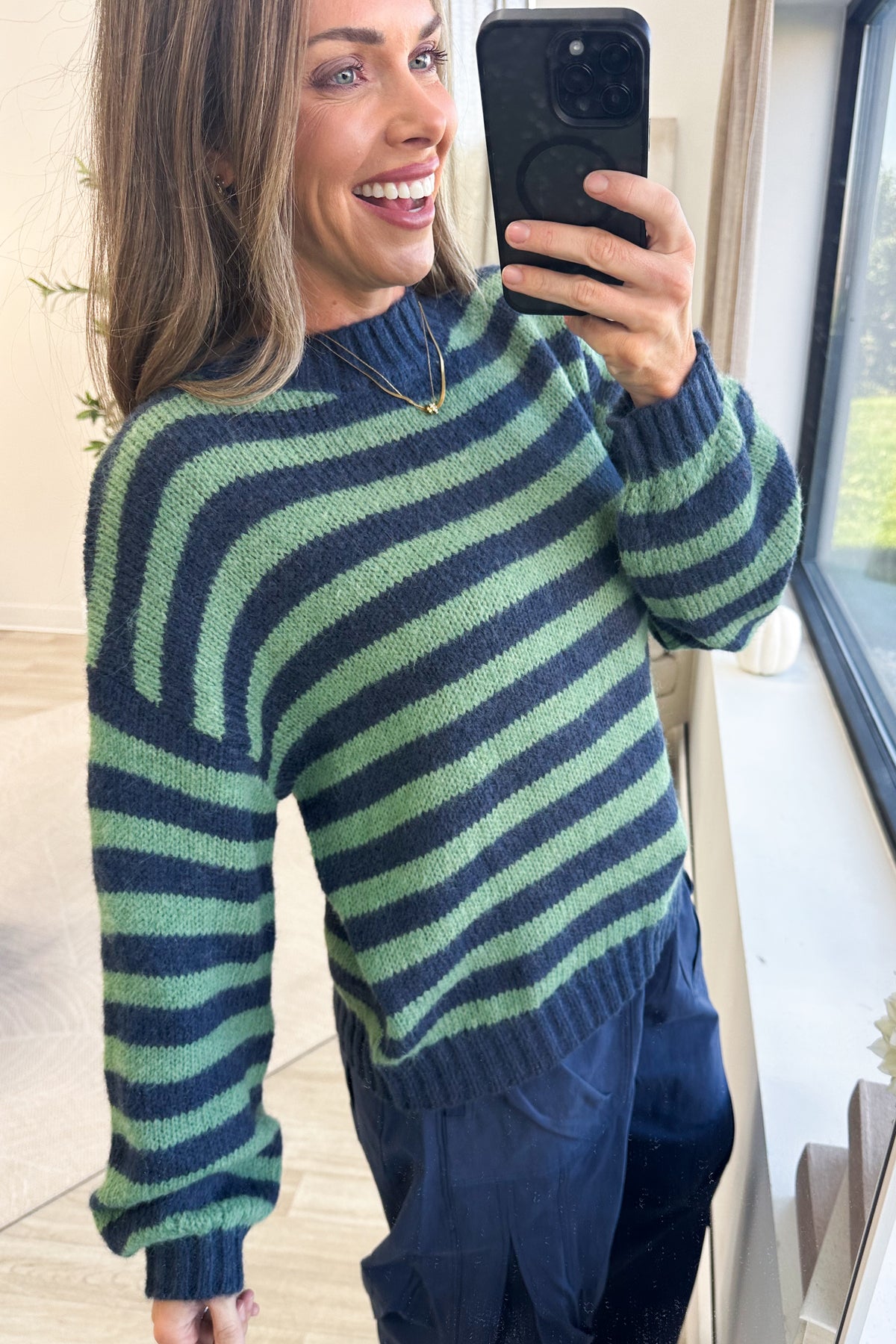 Ribbed Mock Neck Striped Knit Sweater