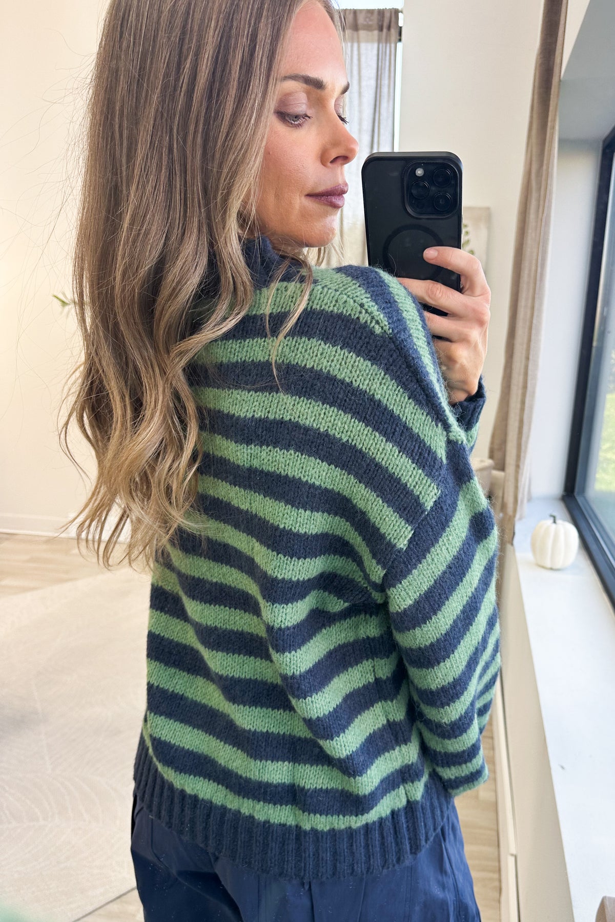 Ribbed Mock Neck Striped Knit Sweater
