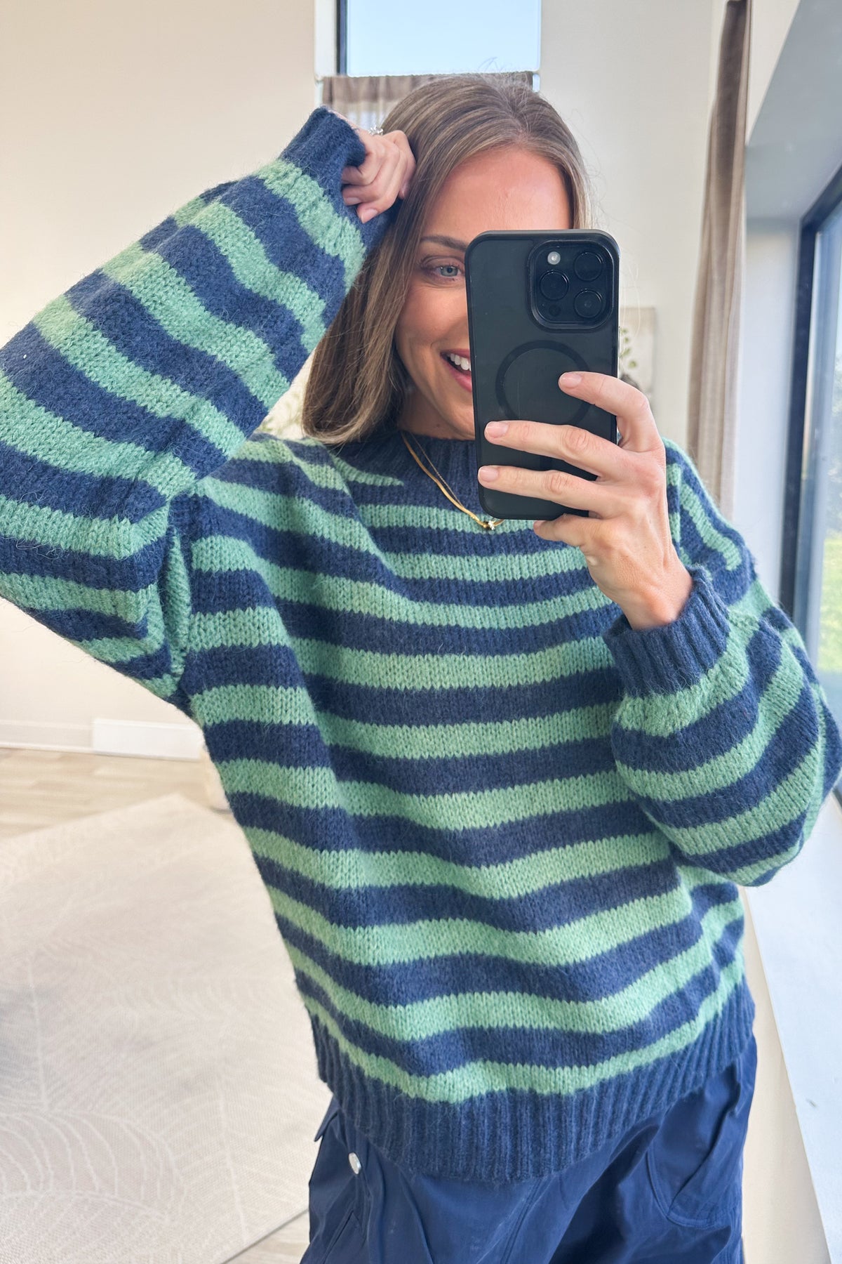 Ribbed Mock Neck Striped Knit Sweater