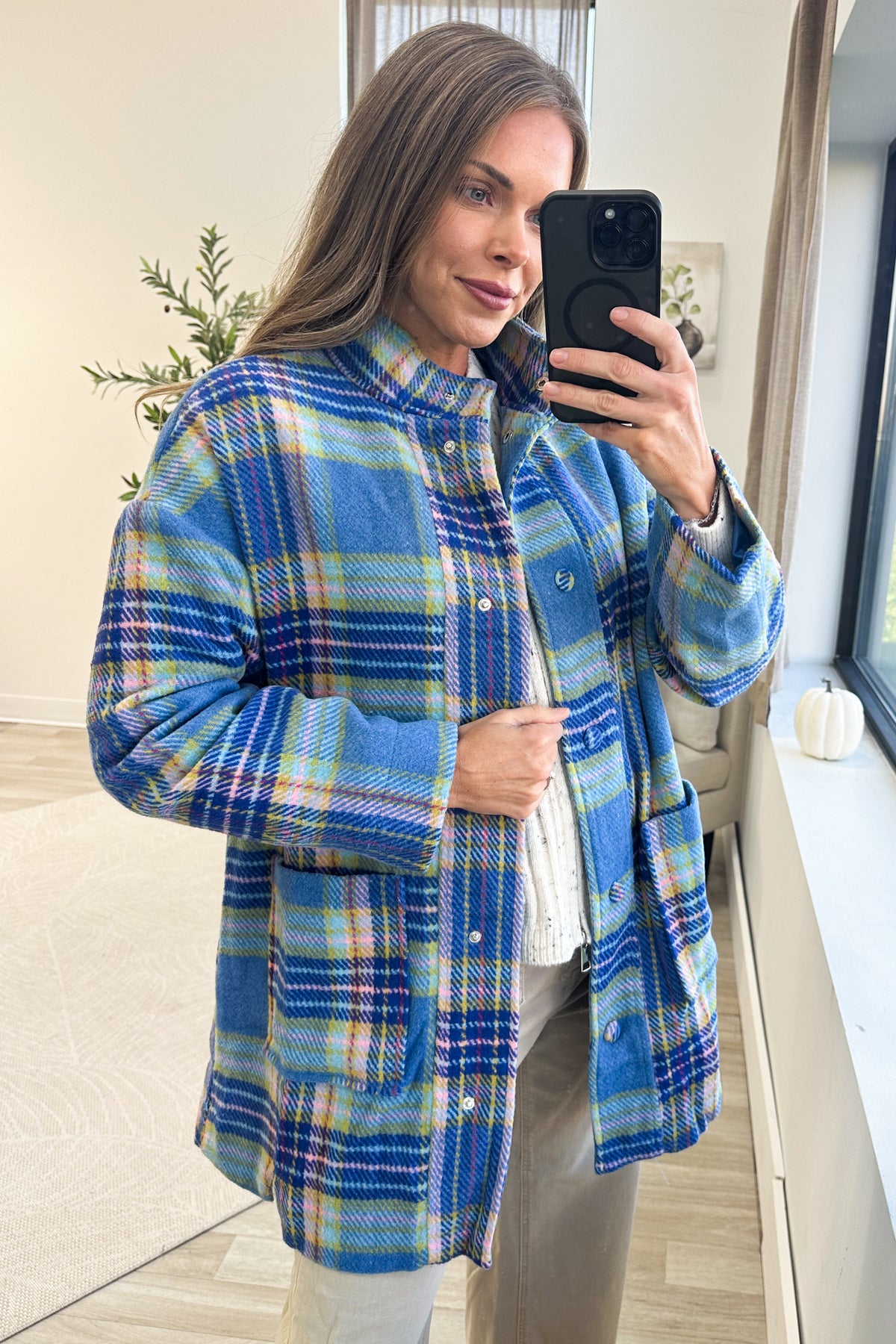 Blue Multicolor Plaid Mid-Length Jacket