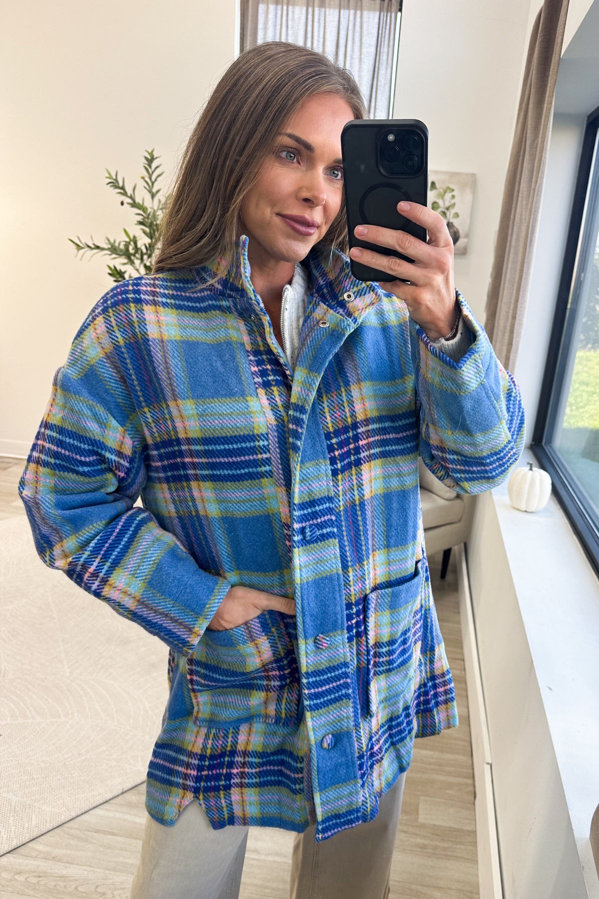 Blue Multicolor Plaid Mid-Length Jacket