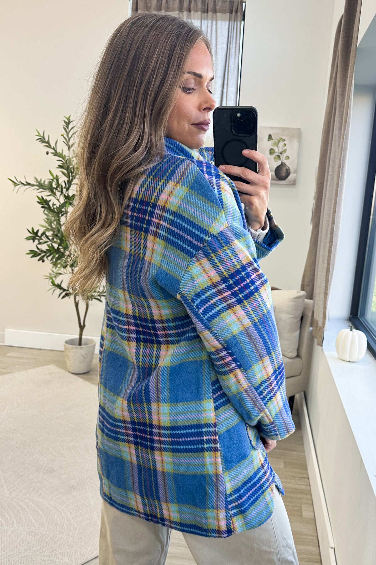 Blue Multicolor Plaid Mid-Length Jacket