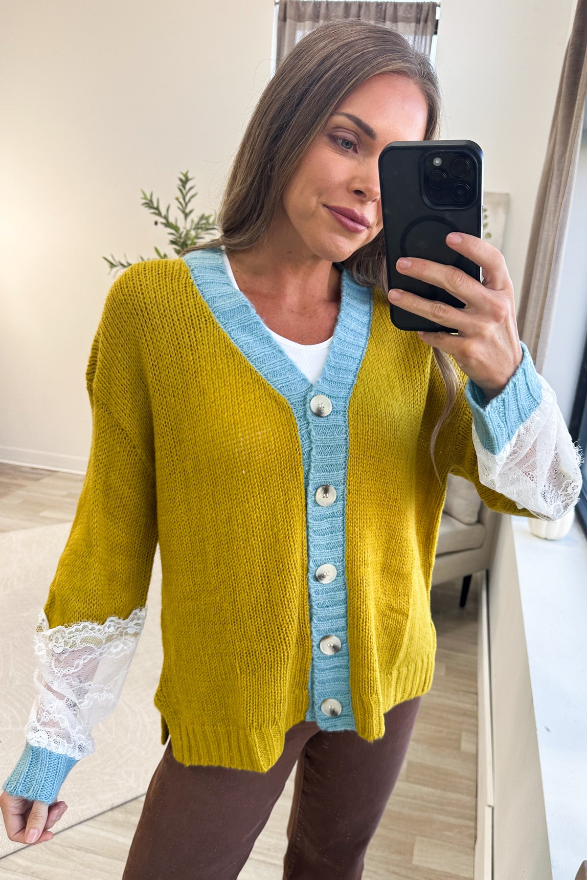 Mustard With Trim Contrast And Lace Cardigan