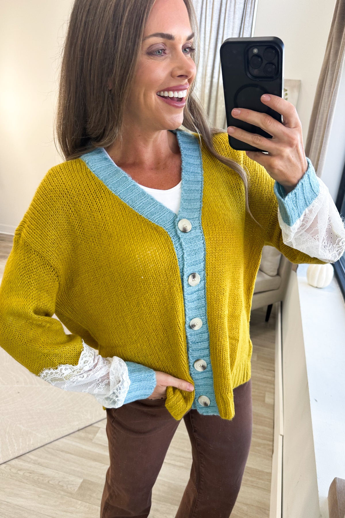 Mustard With Trim Contrast And Lace Cardigan