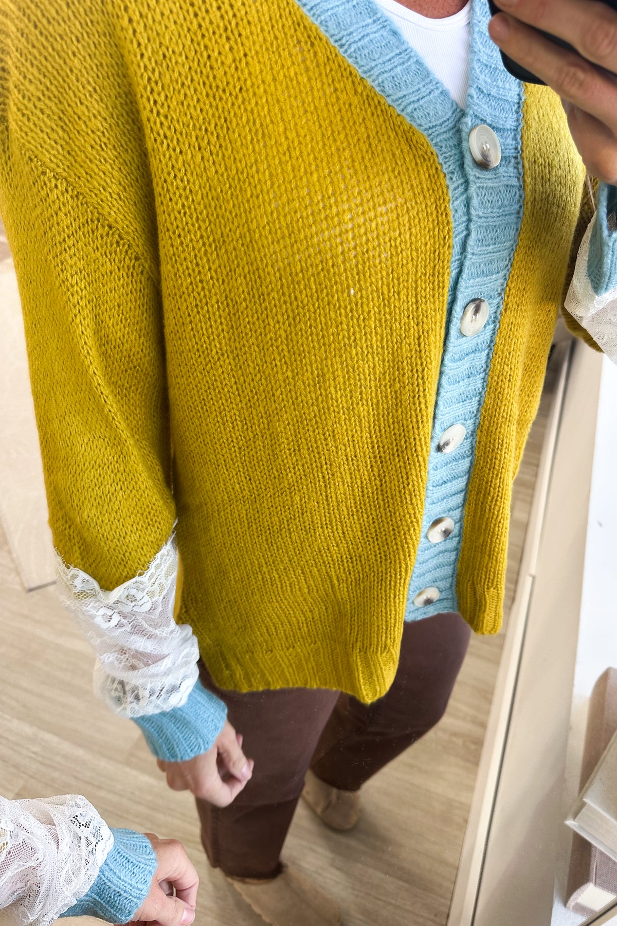 Mustard With Trim Contrast And Lace Cardigan