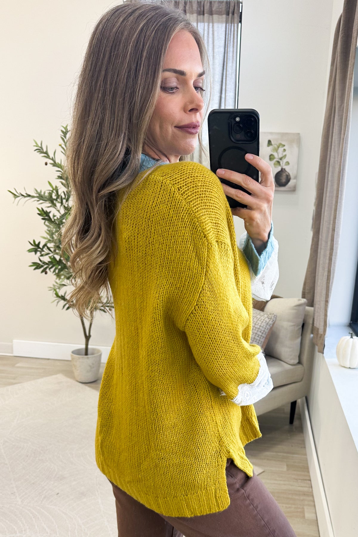 Mustard With Trim Contrast And Lace Cardigan