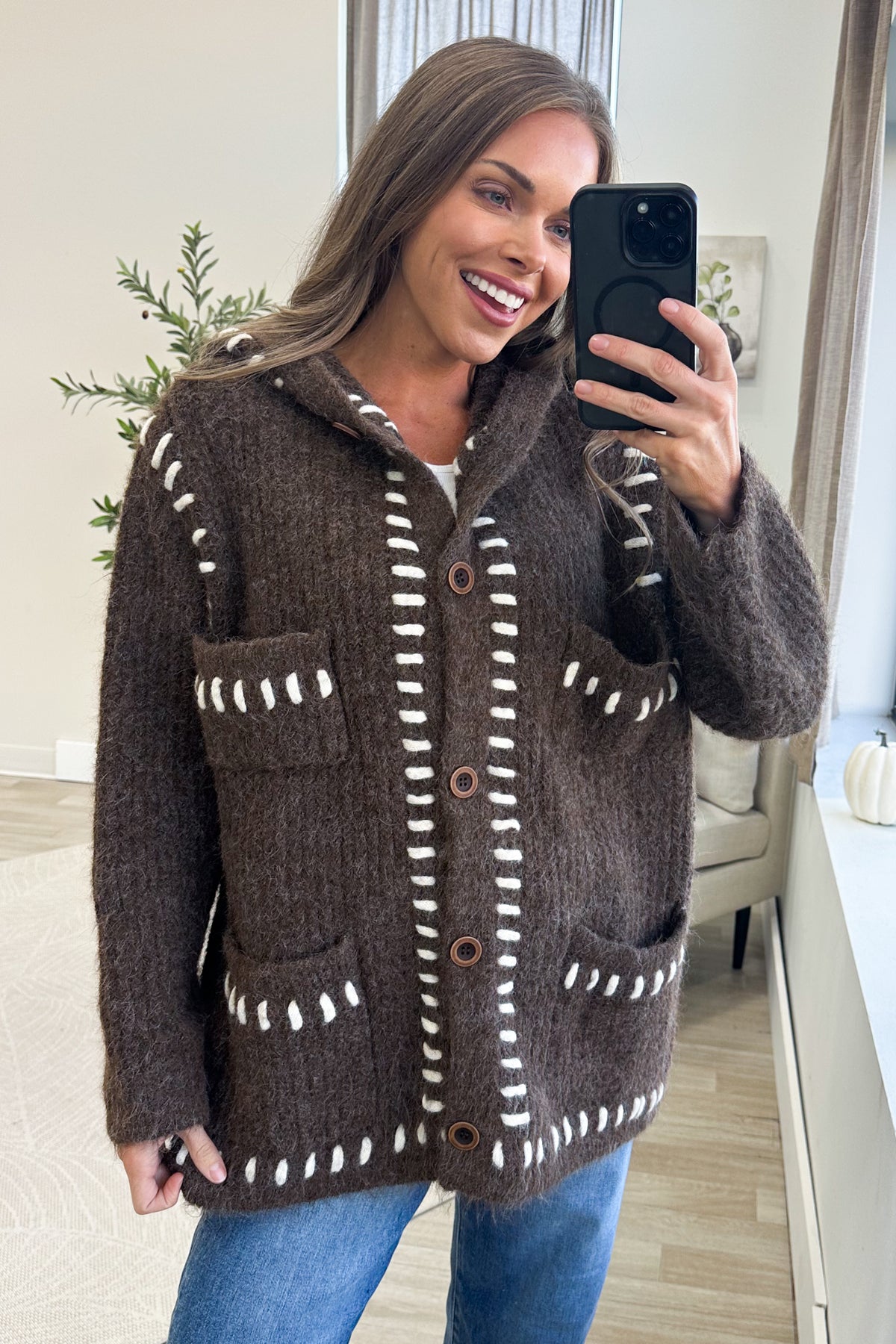 Brown Hooded Knit Cardigan With Blanket Stitch