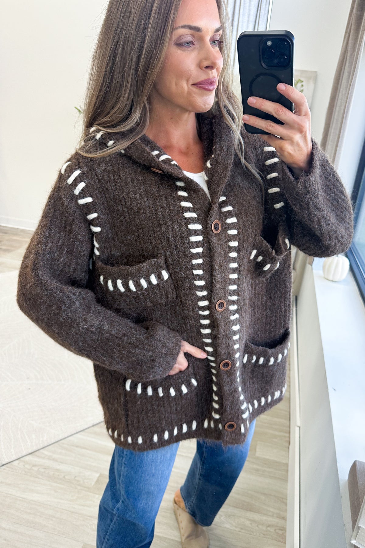 Brown Hooded Knit Cardigan With Blanket Stitch