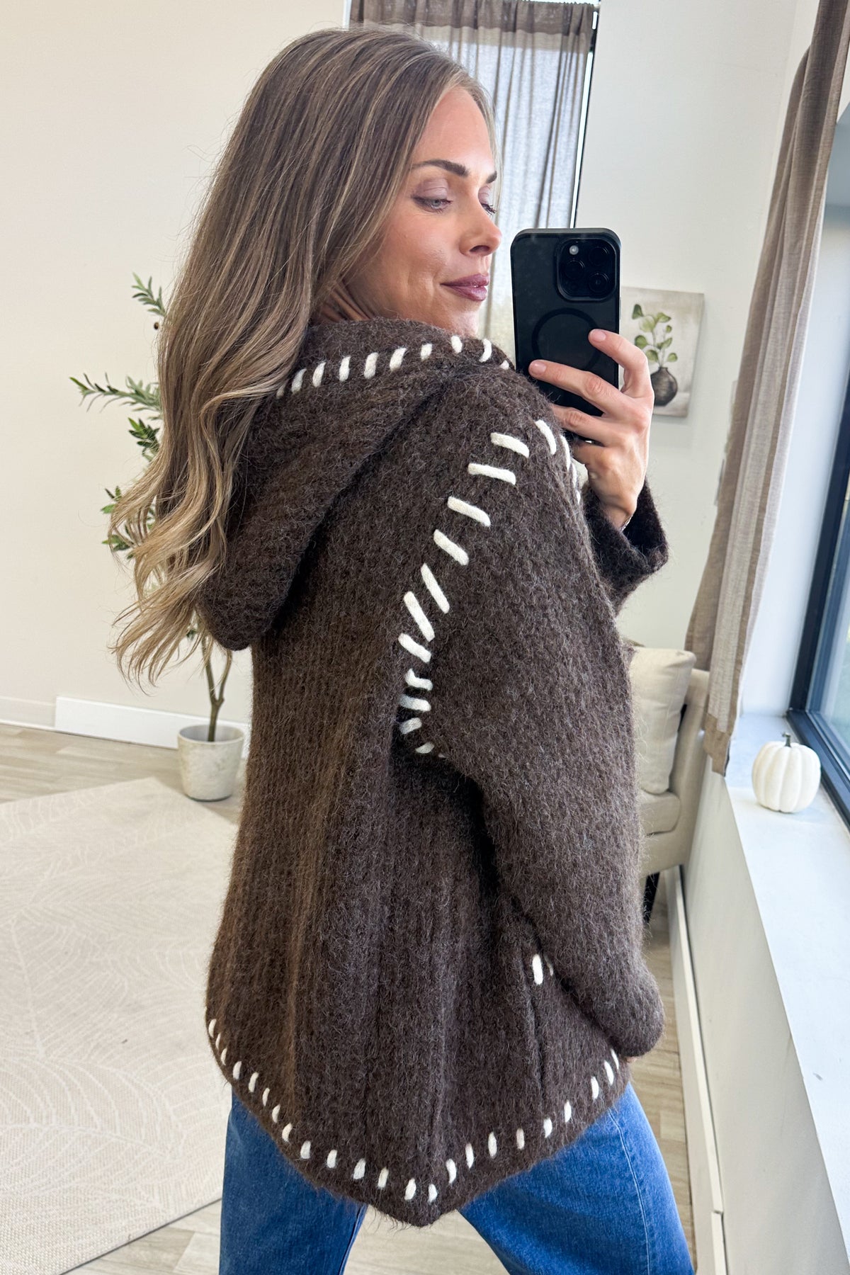 Brown Hooded Knit Cardigan With Blanket Stitch