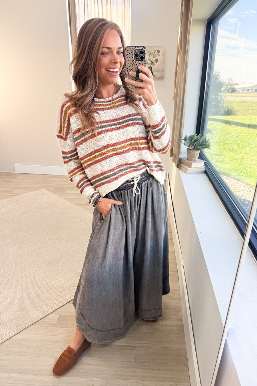 Black Washed Chambray Flowy Wide Leg Pants