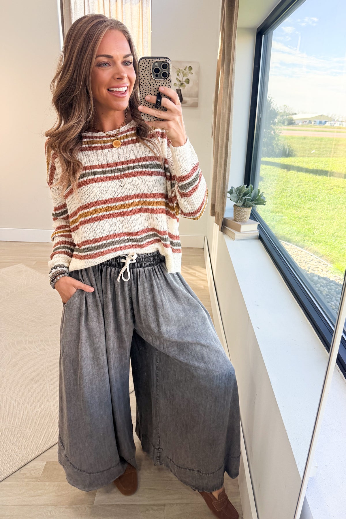 Black Washed Chambray Flowy Wide Leg Pants