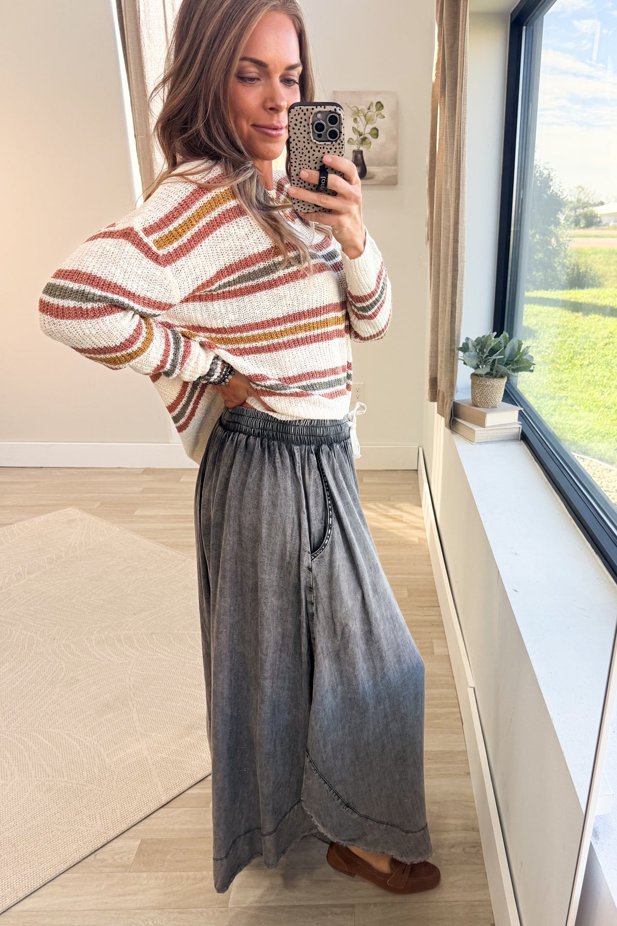 Black Washed Chambray Flowy Wide Leg Pants
