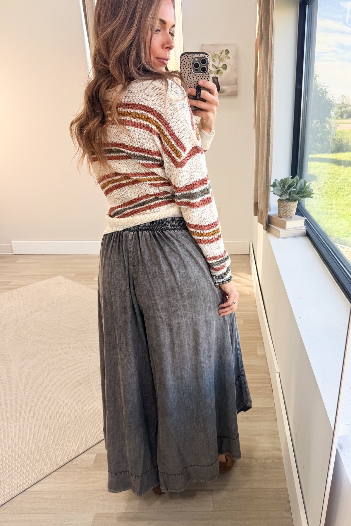 Black Washed Chambray Flowy Wide Leg Pants