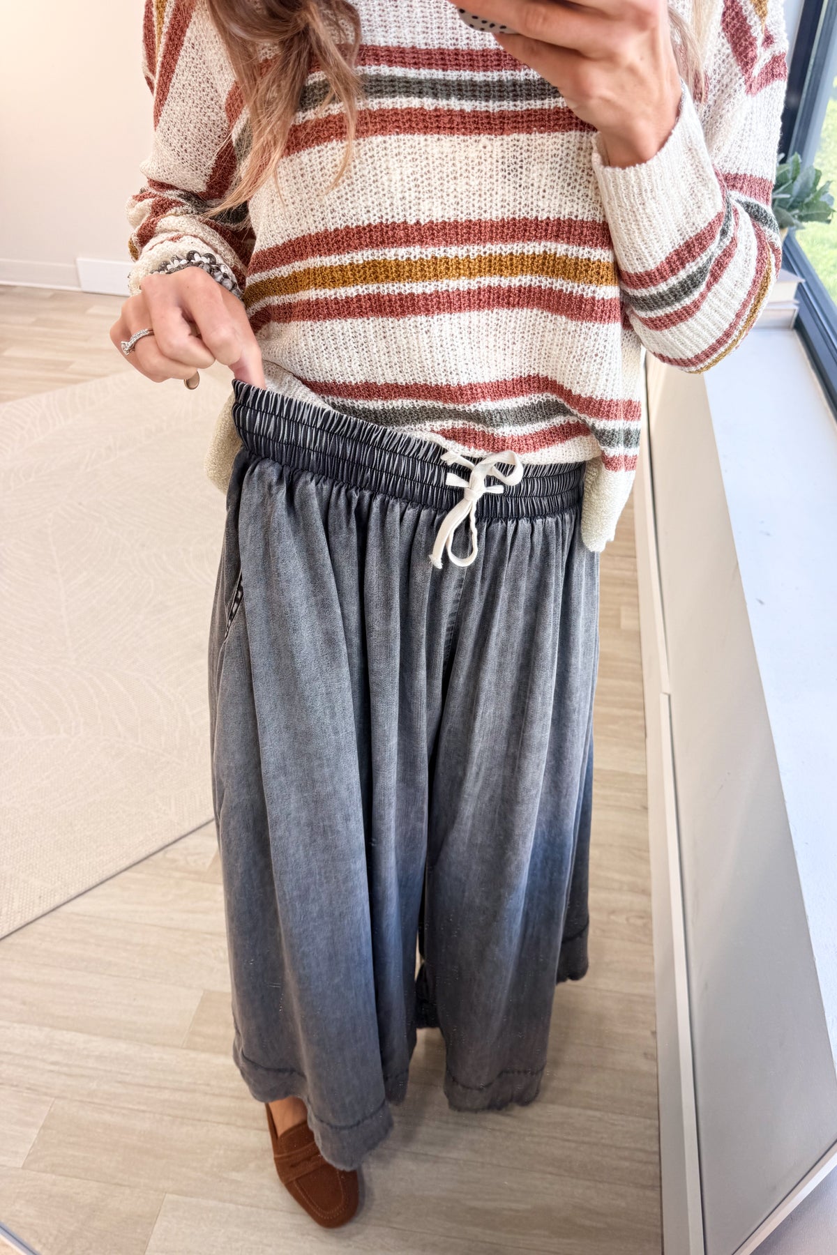 Black Washed Chambray Flowy Wide Leg Pants
