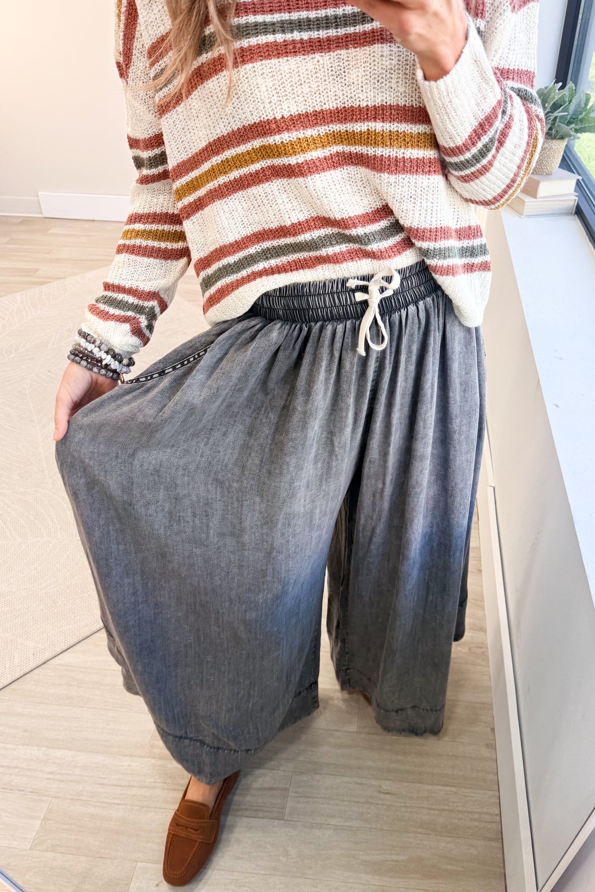 Black Washed Chambray Flowy Wide Leg Pants
