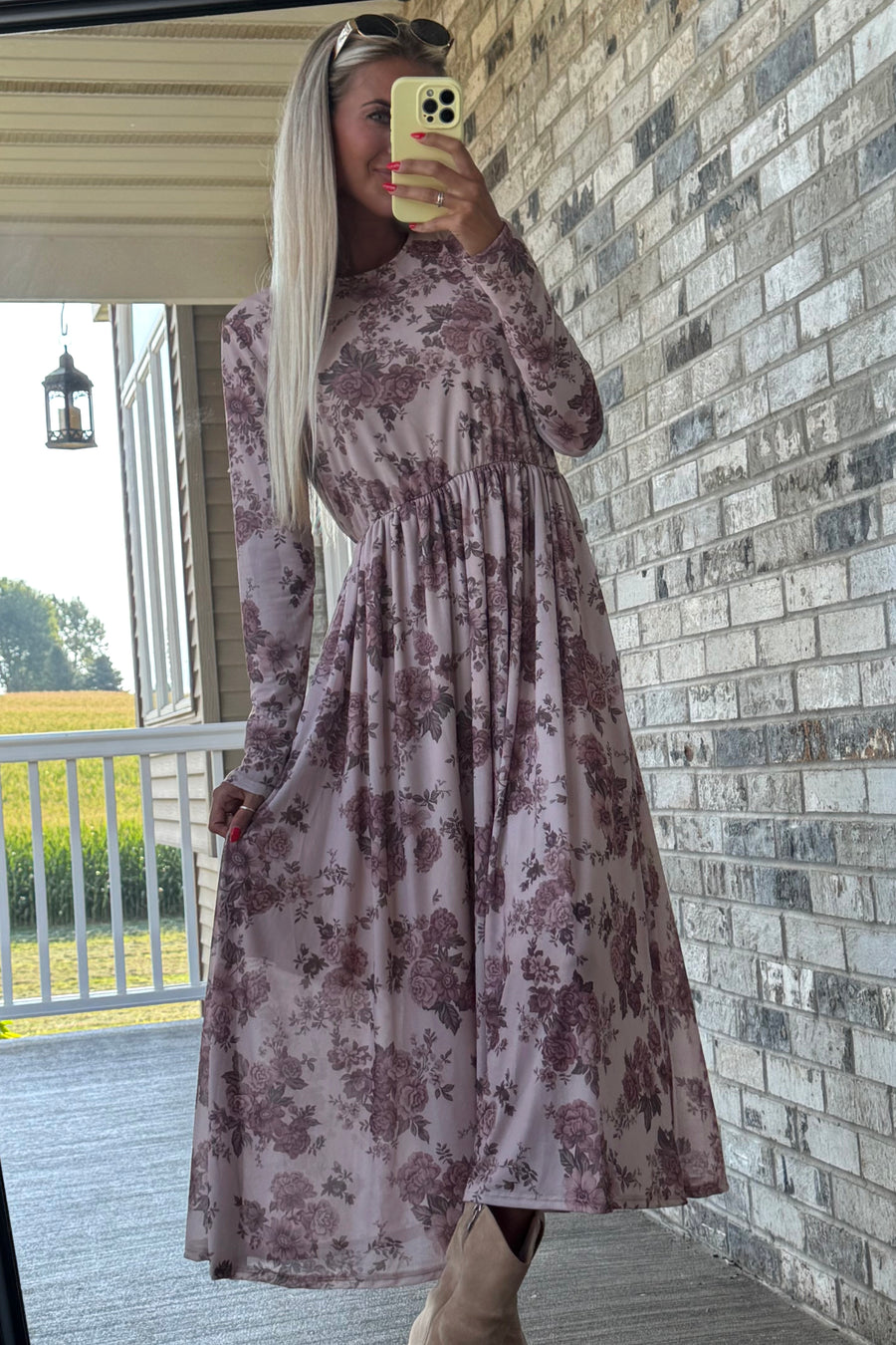 Taupe Floral Back Button Detail Mesh Midi Dress