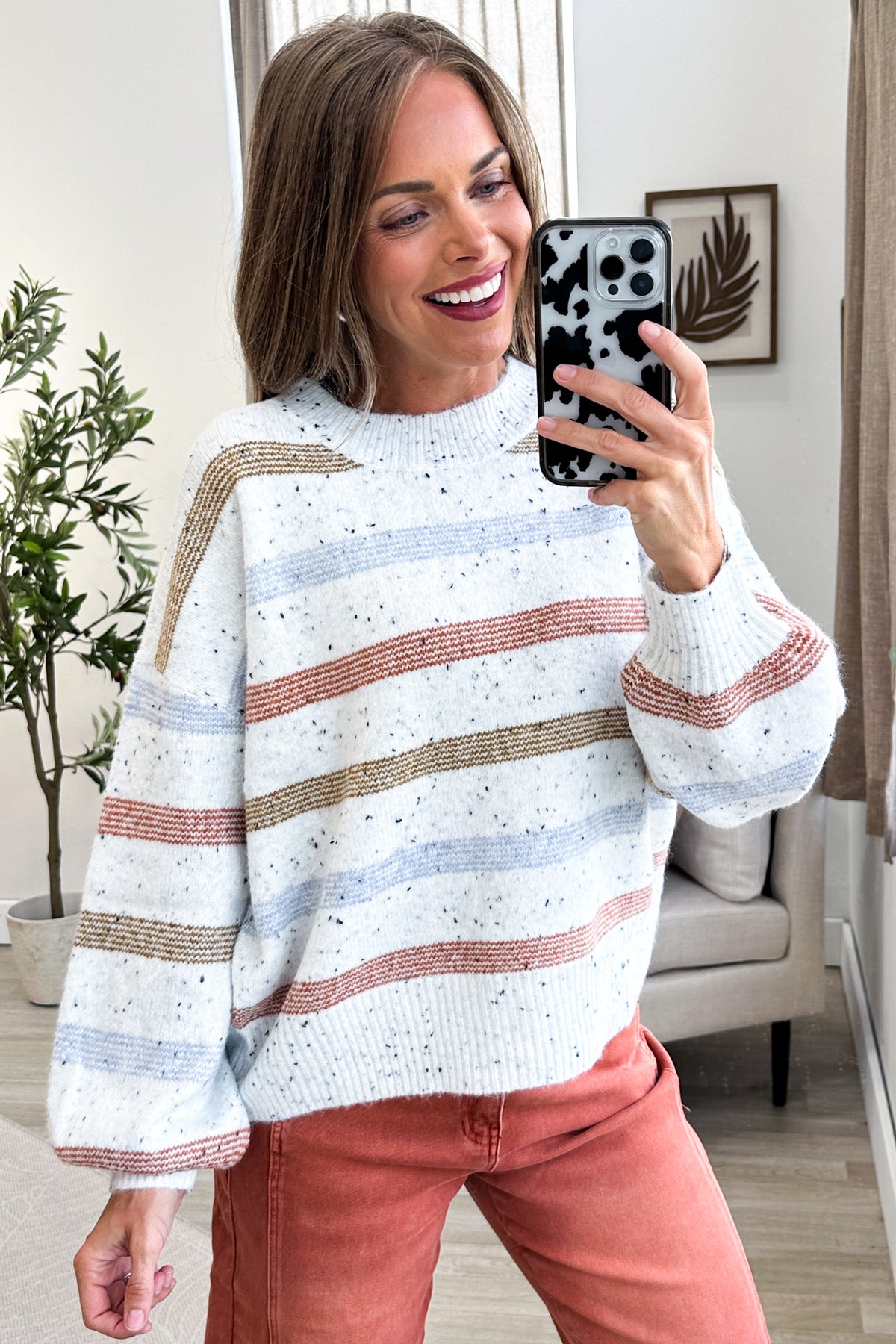 Off White Striped Ribbed Trim Sweater