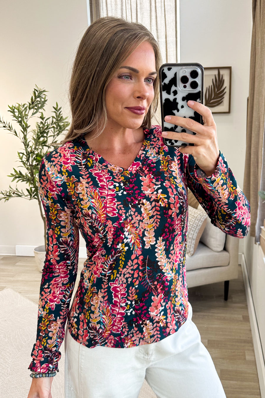 Emerald Green Soft Knit V-Neck Floral Long Sleeve Top