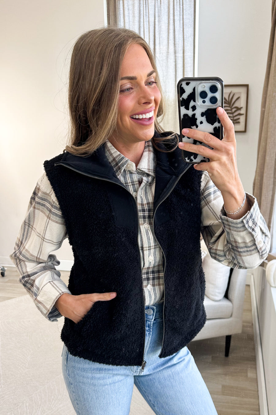 Black Cozy Sherpa Full Zip Vest