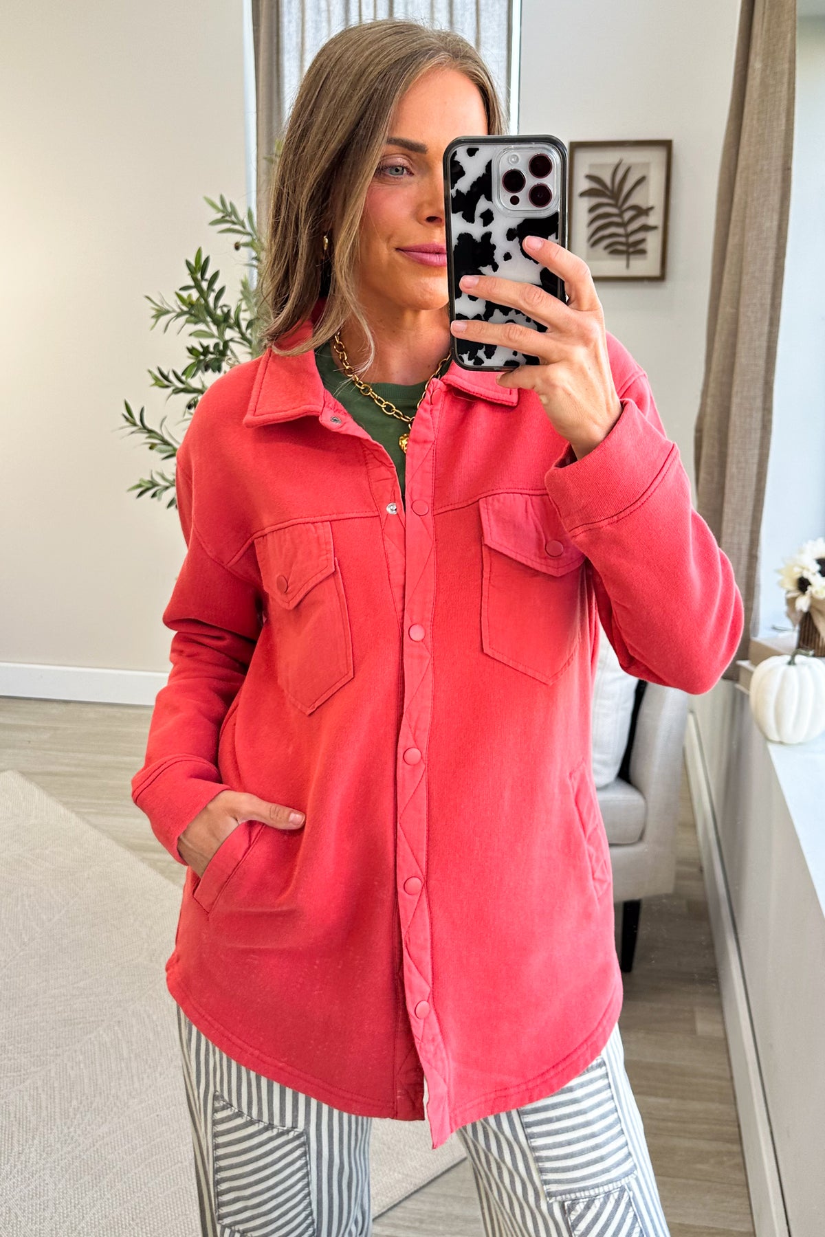 Soft Cotton Longline Shacket Wih Snap Closure