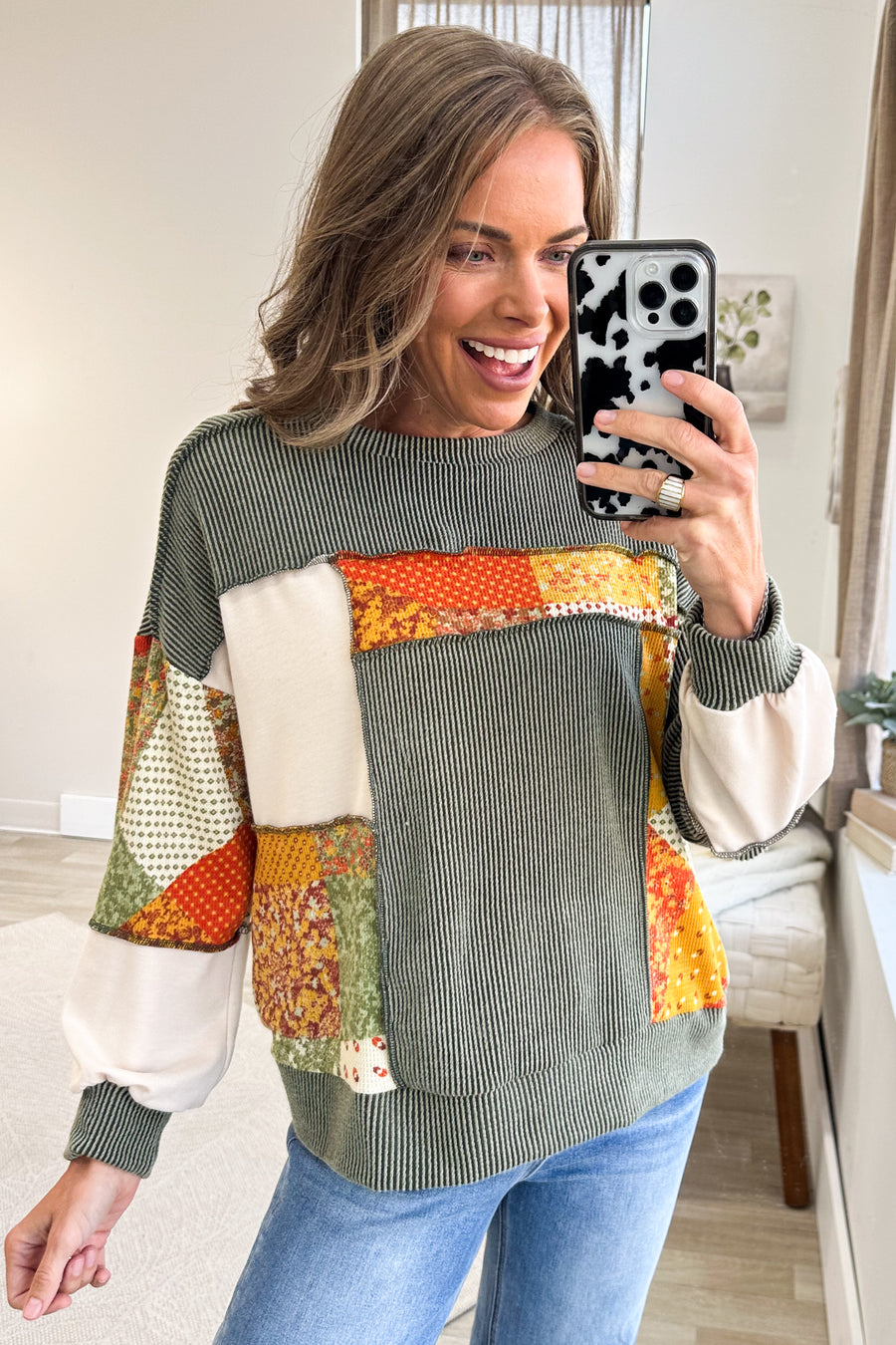 Olive Two Tone Rib Patchwork Knit Top