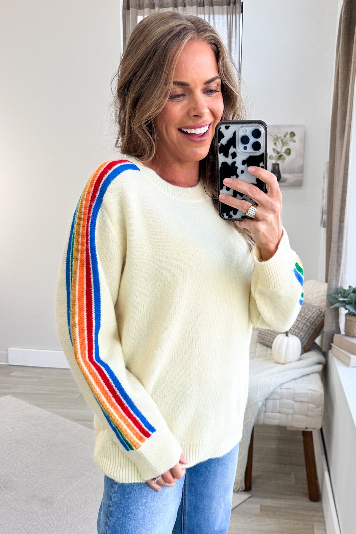 Cream With Multicolor Stripes Long Sleeve Sweater