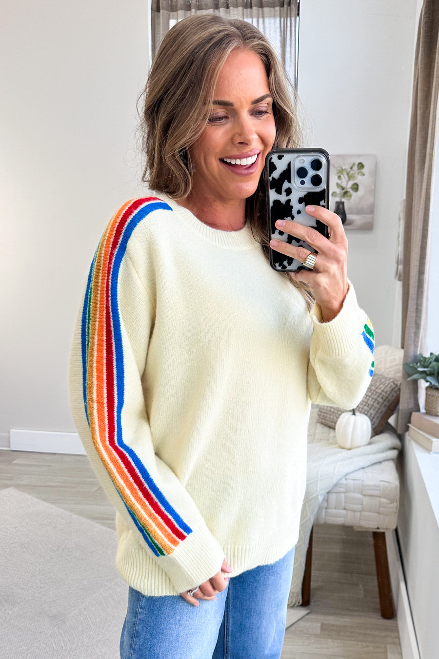 Cream With Multicolor Stripes Long Sleeve Sweater