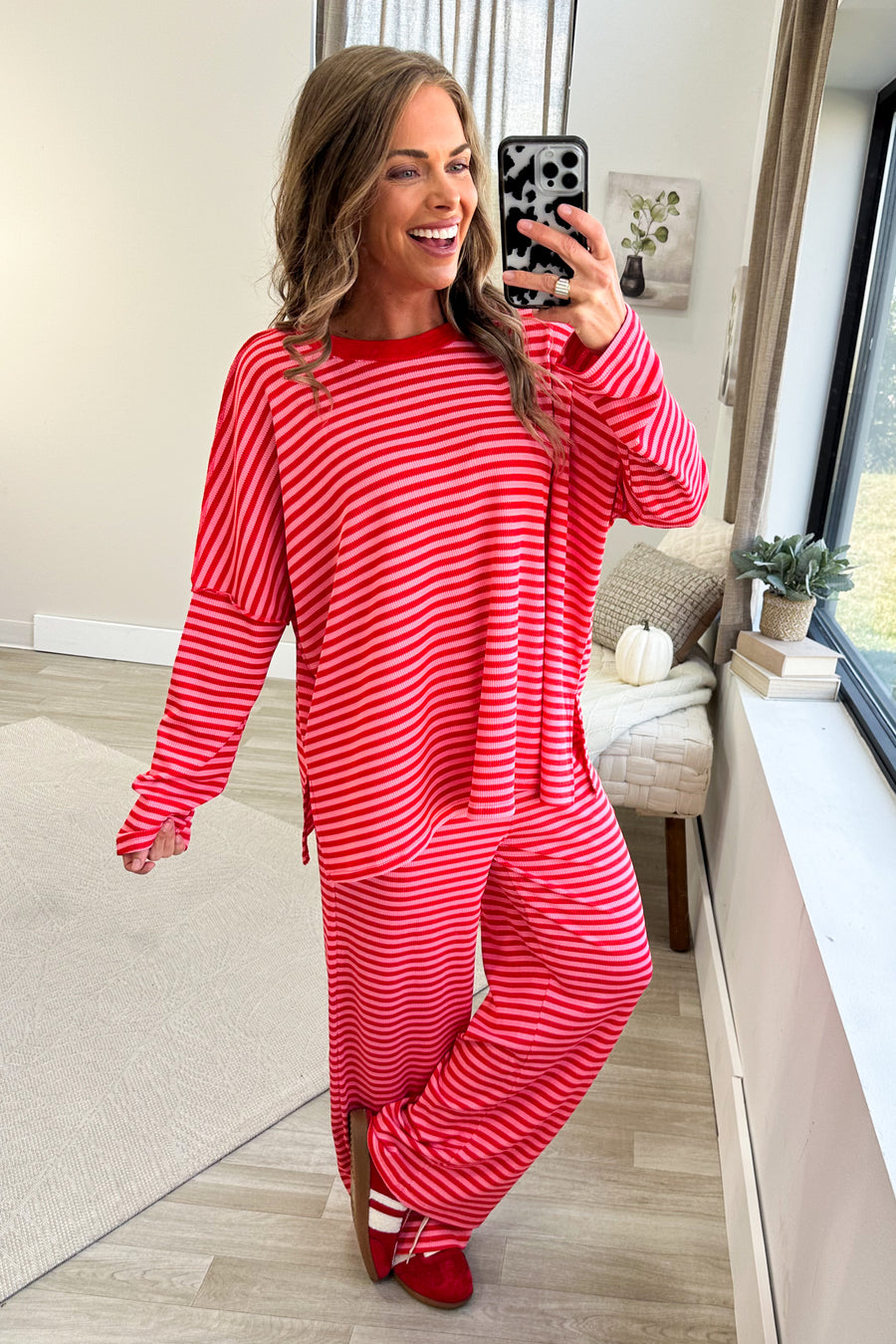 Pink And Red Striped Wide Leg Drawstring Lounge Pants