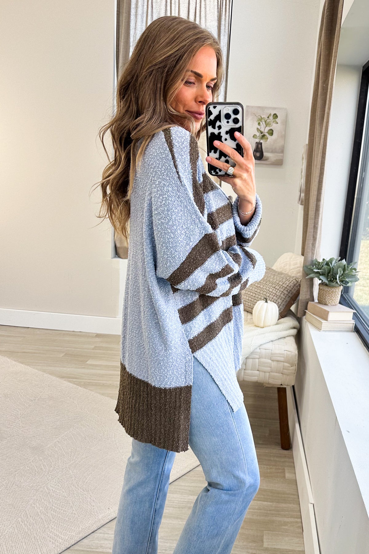 Brown And Baby Blue V-neck Stripe Popcorn Cardigan