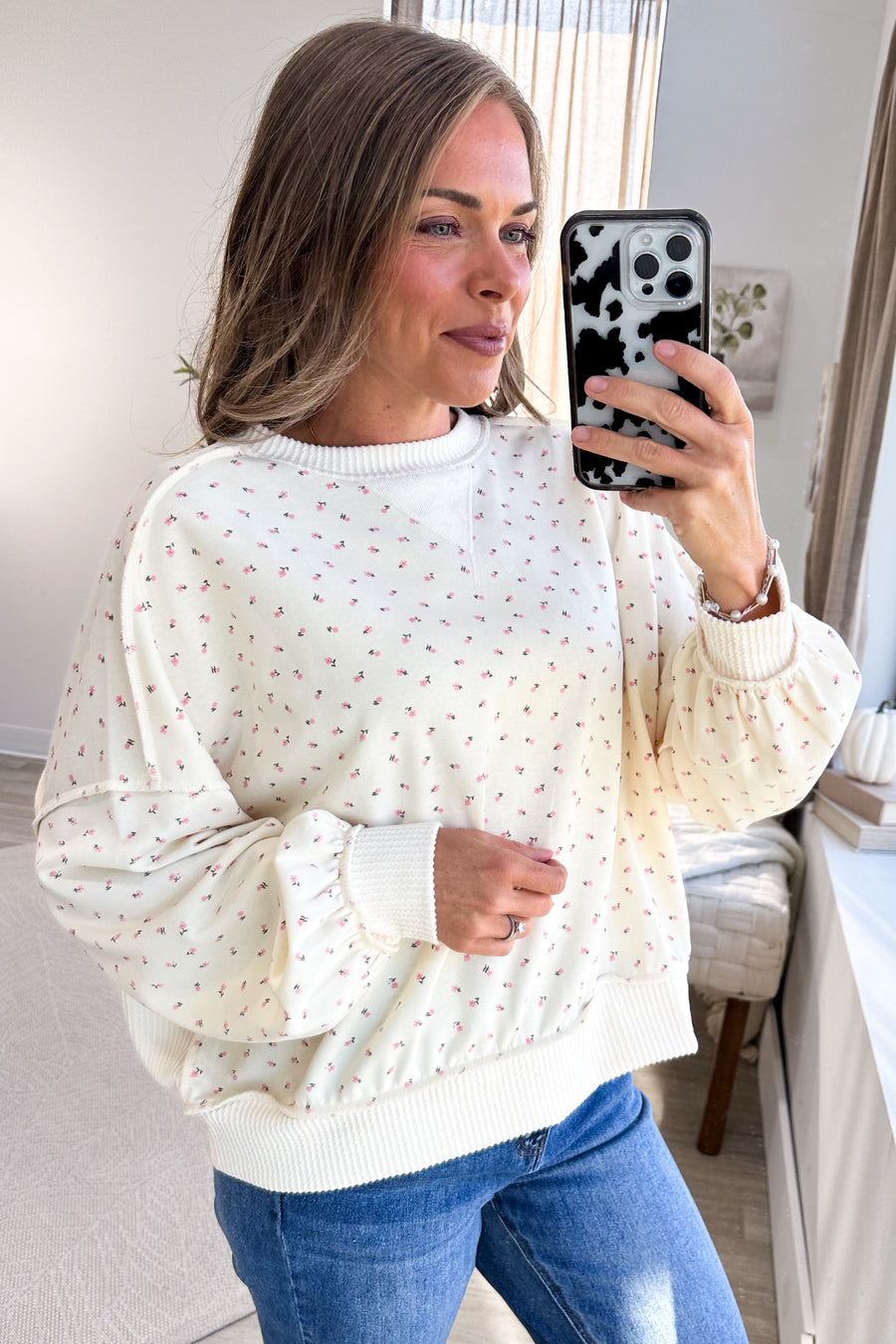 Ivory Floral Allover Print Long Sleeve Knit Top