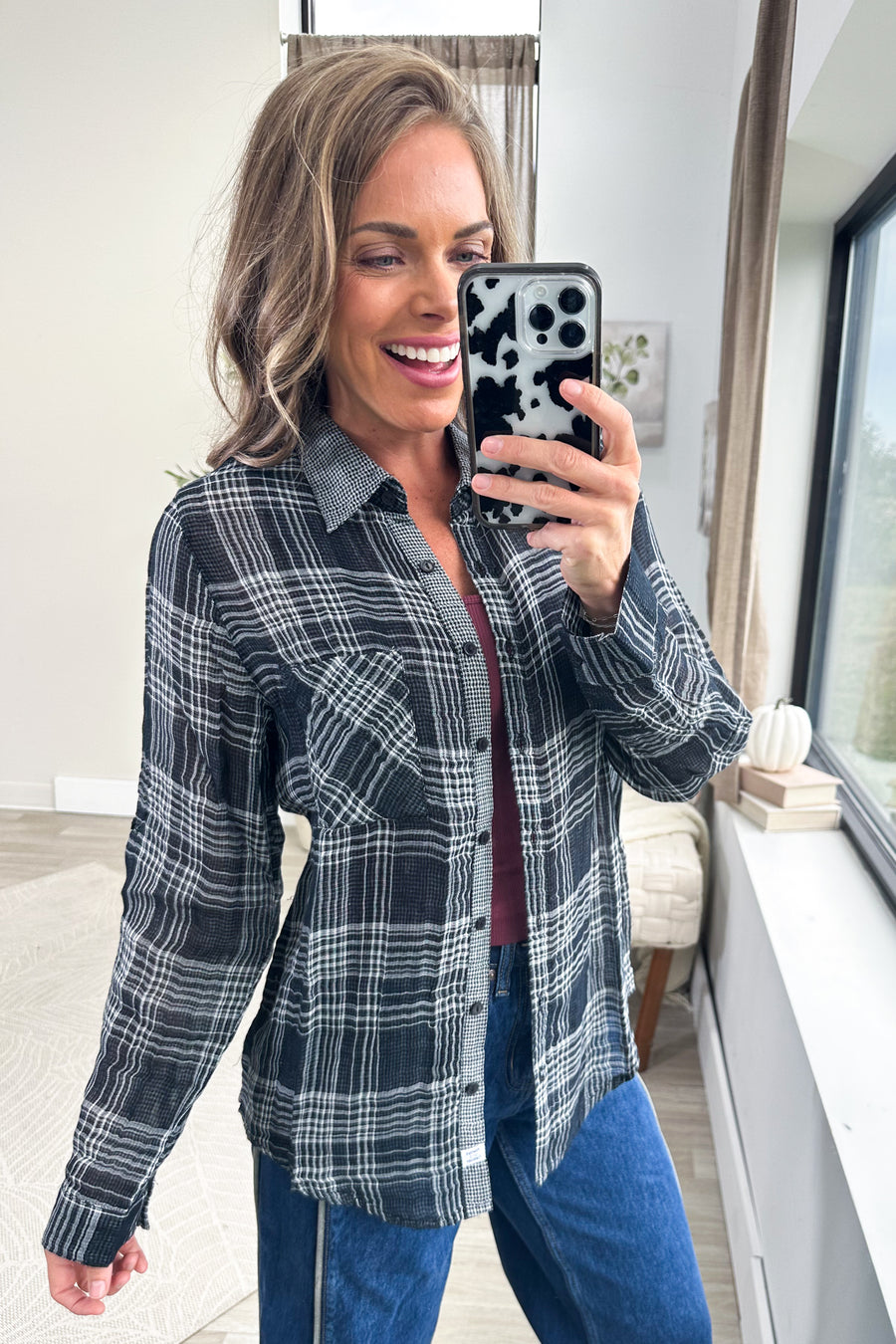 Plaid Front Pocket Long Sleeve Button Up Top