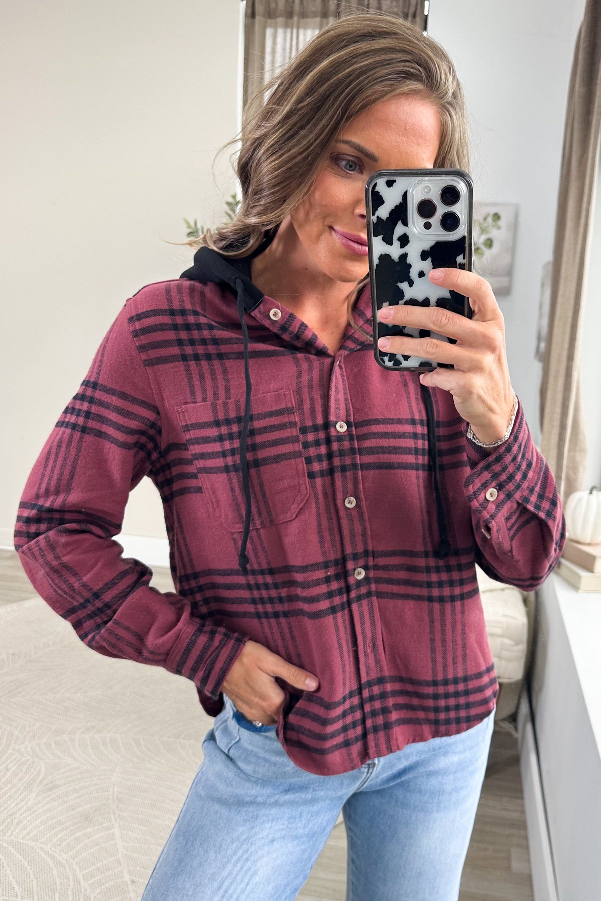 Berry Plaid Hoodie Button Up Top