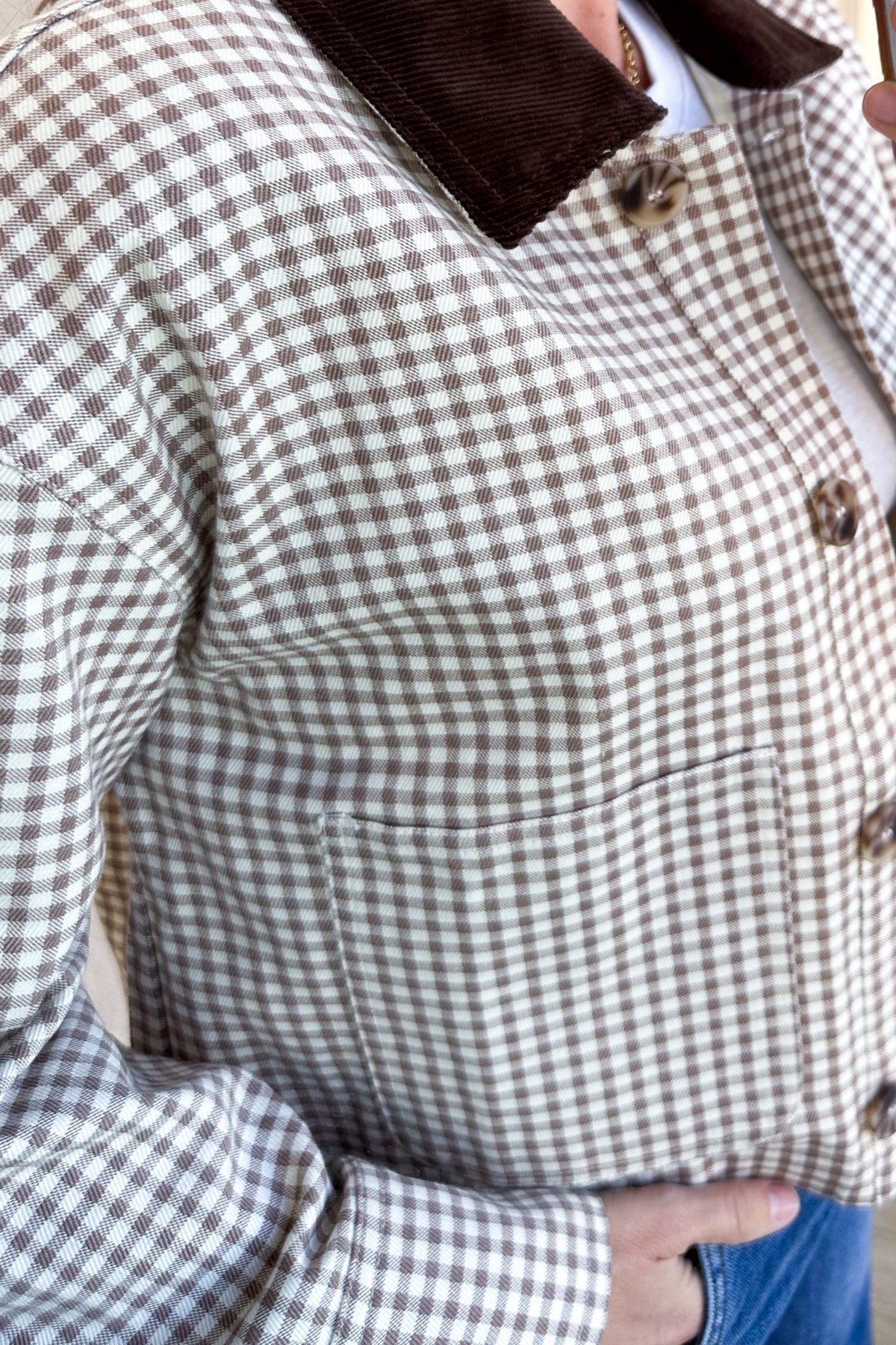 Light Mocha Gingham Print Corduroy Collar Jacket