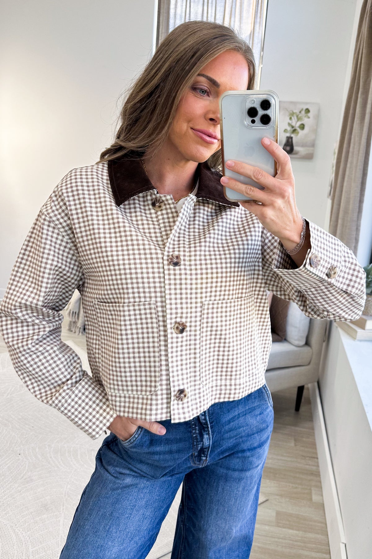 Light Mocha Gingham Print Corduroy Collar Jacket