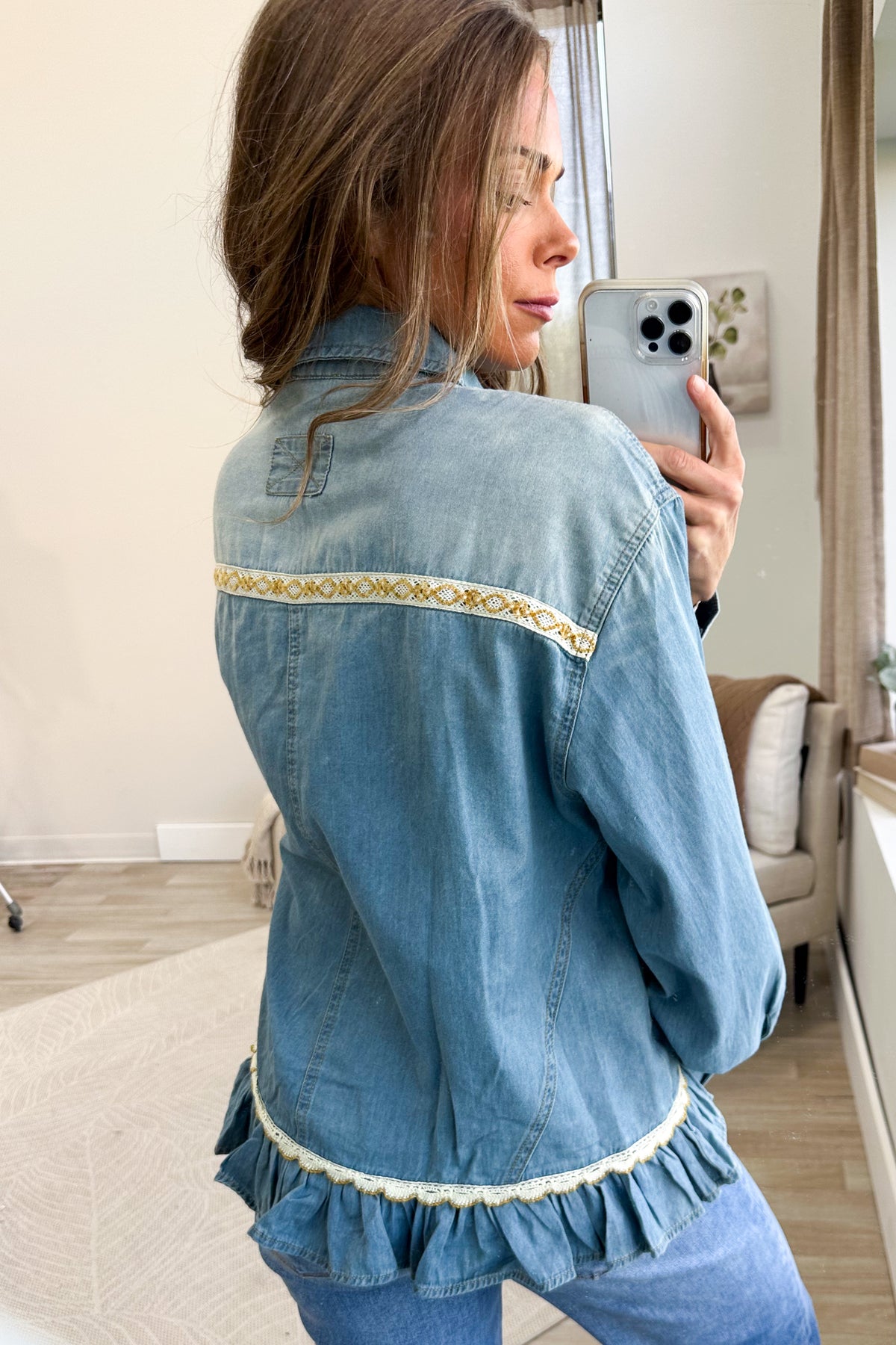 Washed Denim Button Down Ruffle Detail Top