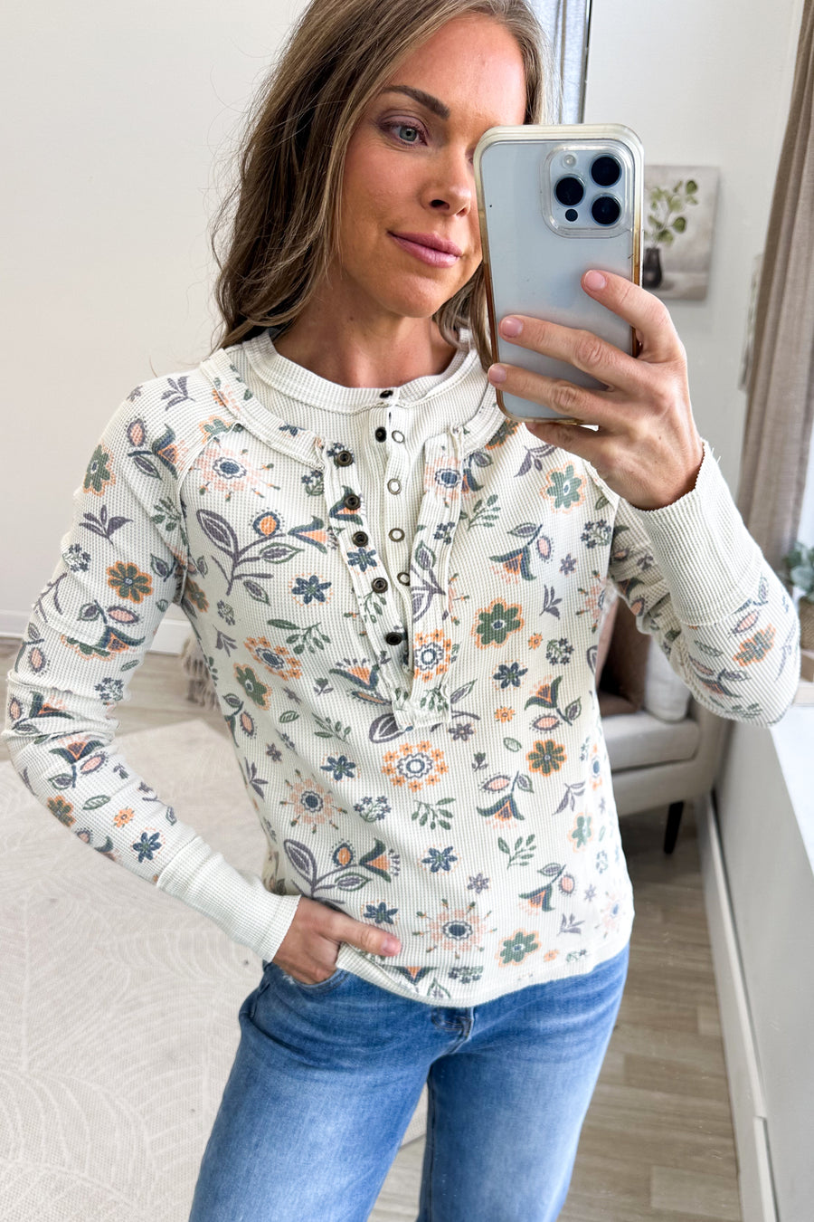 Beige Floral Print Washed Knit Long Sleeve Top