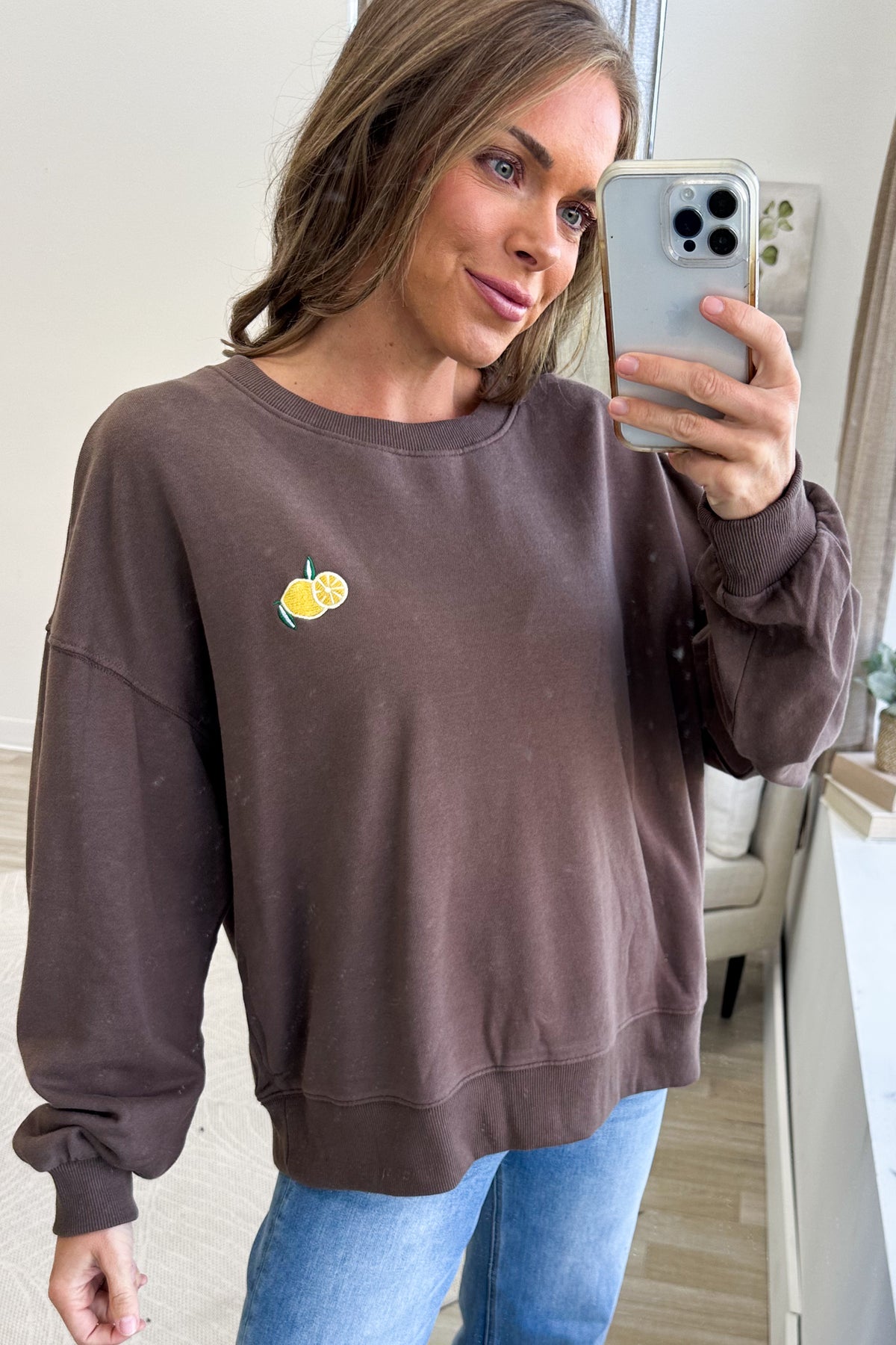 Brown Lemon Embroidered Washed Terry Sweatshirt