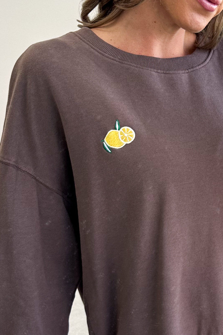 Brown Lemon Embroidered Washed Terry Sweatshirt