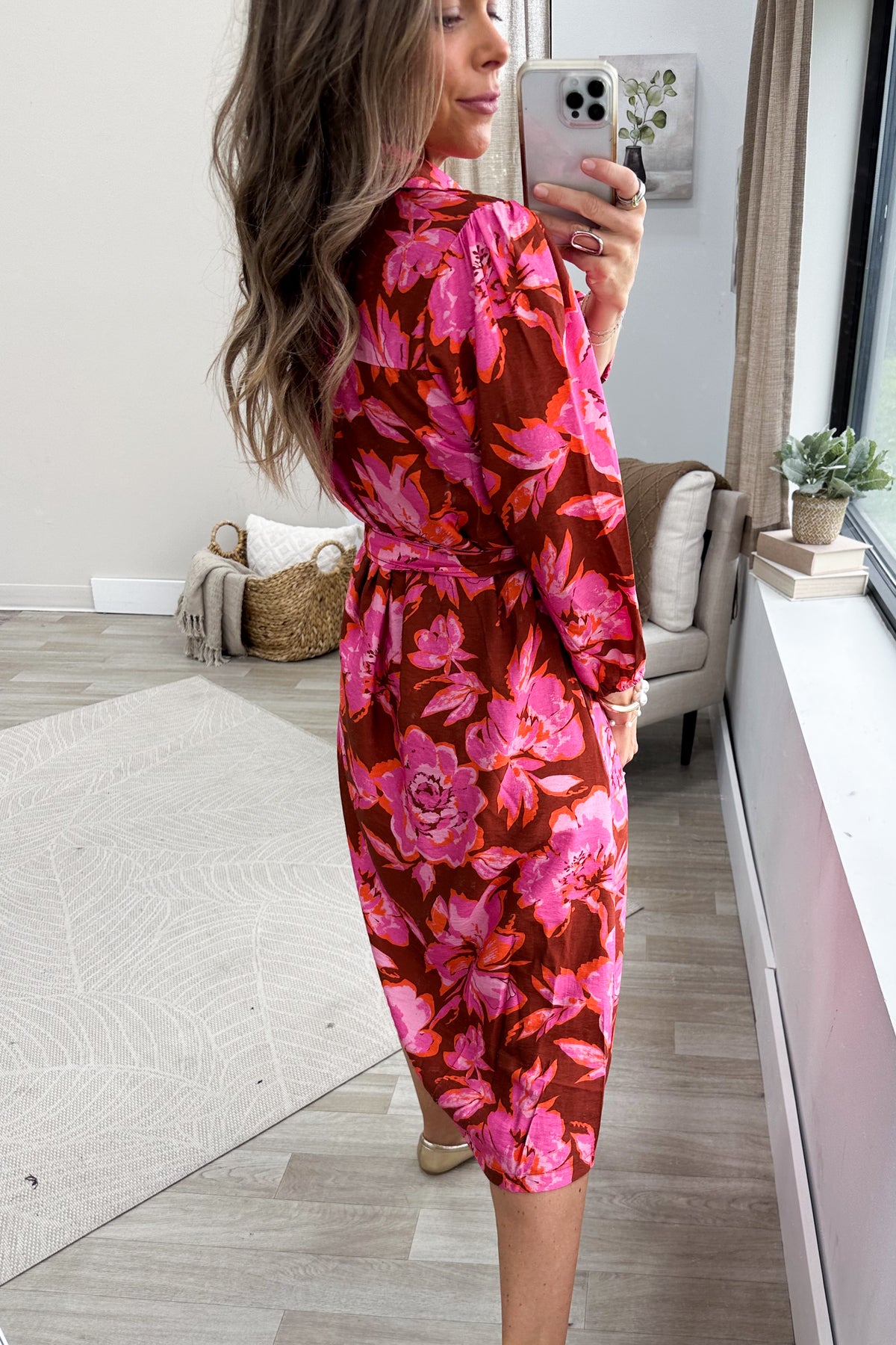Pink Floral Long Sleeve Belted Midi Dress