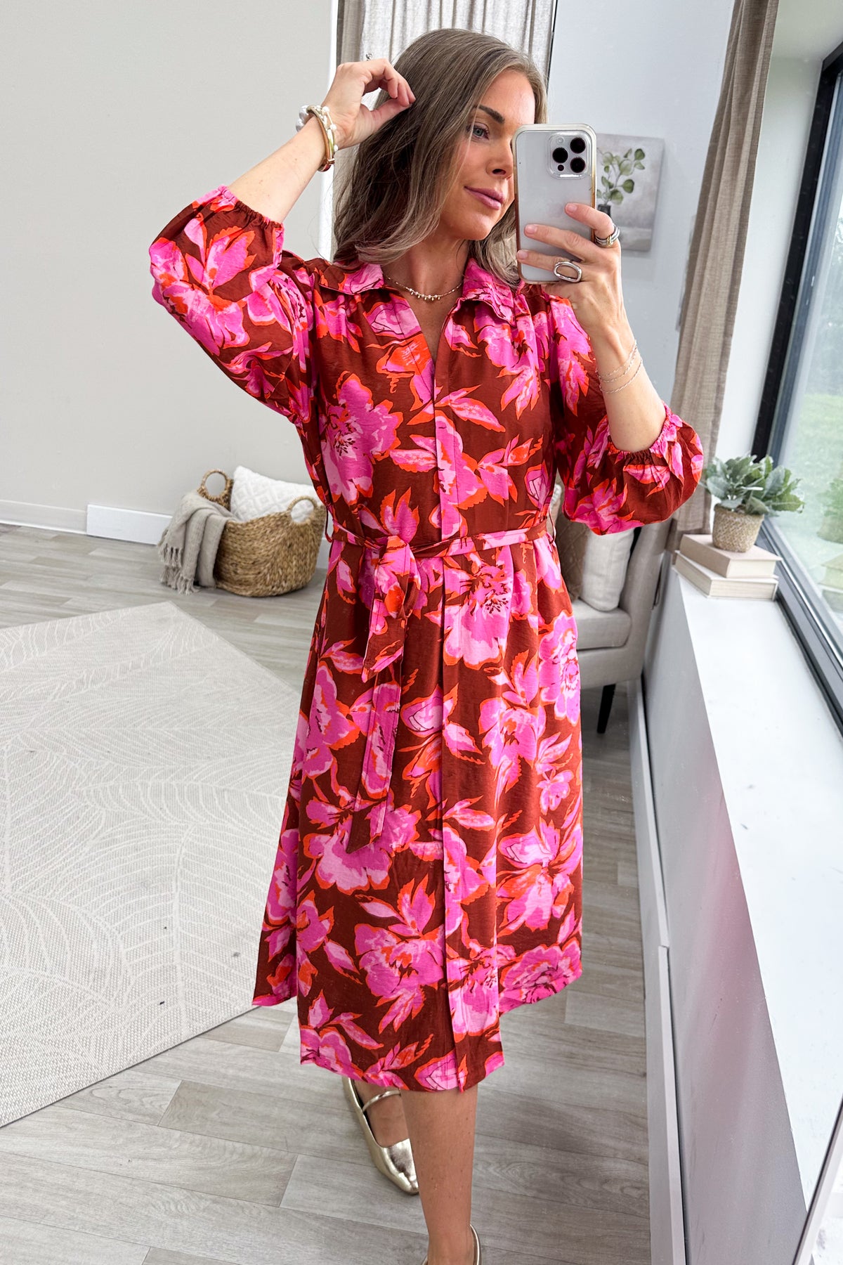 Pink Floral Long Sleeve Belted Midi Dress