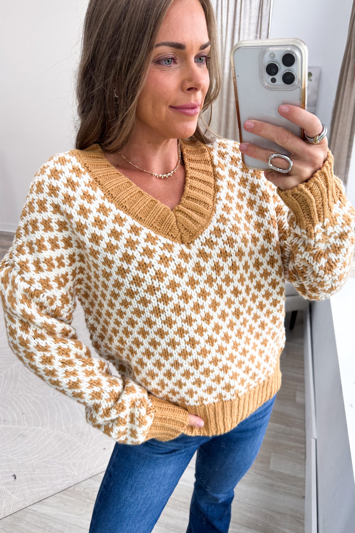 Dusty Mustard And Ivory V-Neck Print Knit Sweater