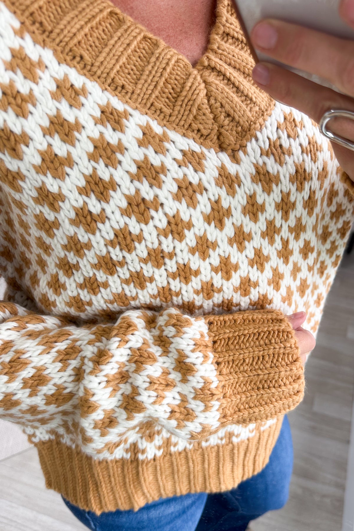 Dusty Mustard And Ivory V-Neck Print Knit Sweater