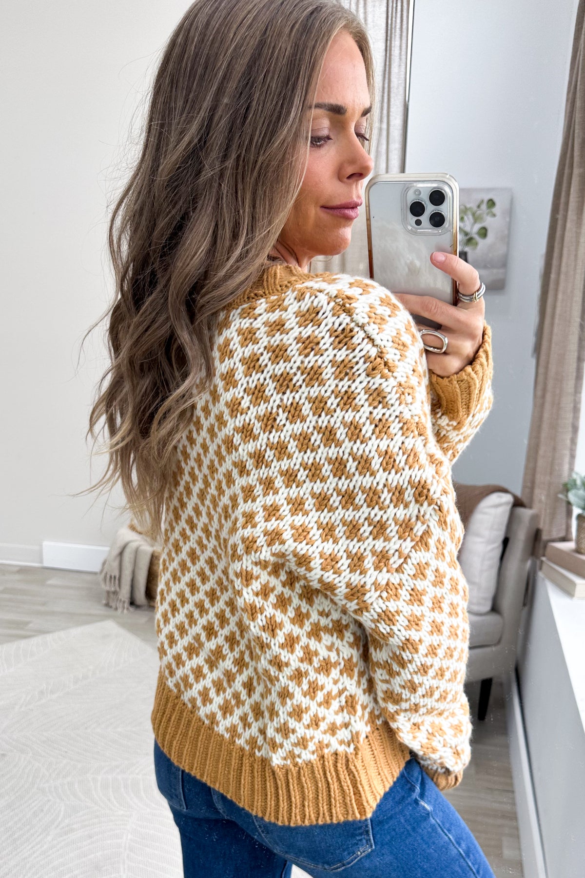 Dusty Mustard And Ivory V-Neck Print Knit Sweater