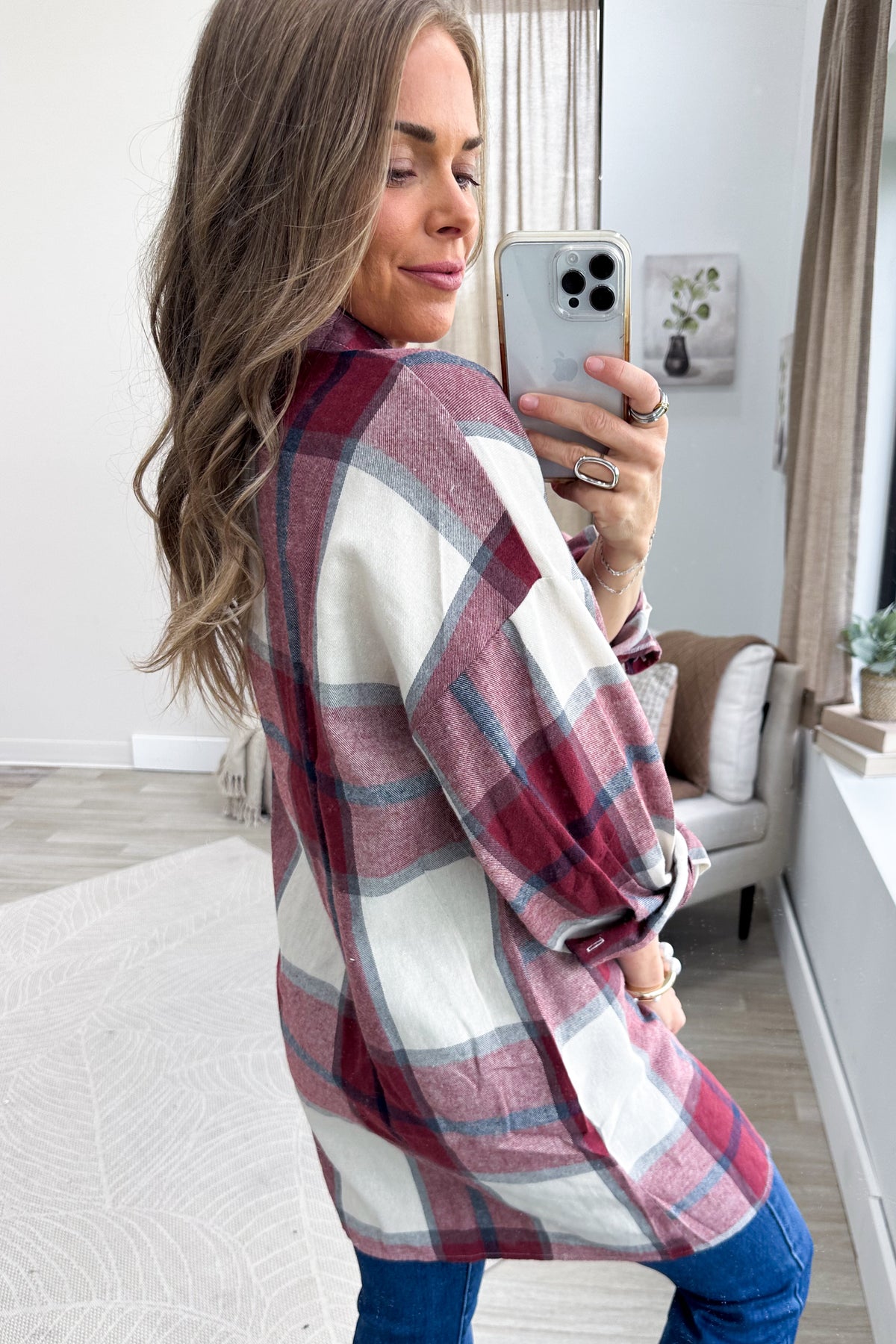 Burgundy Long Plaid Button Up Top